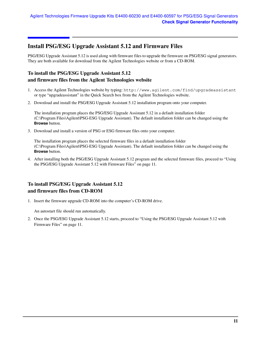 Agilent Technologies E4400-60230, E4400-60597 manual Install PSG/ESG Upgrade Assistant 5.12 and Firmware Files 