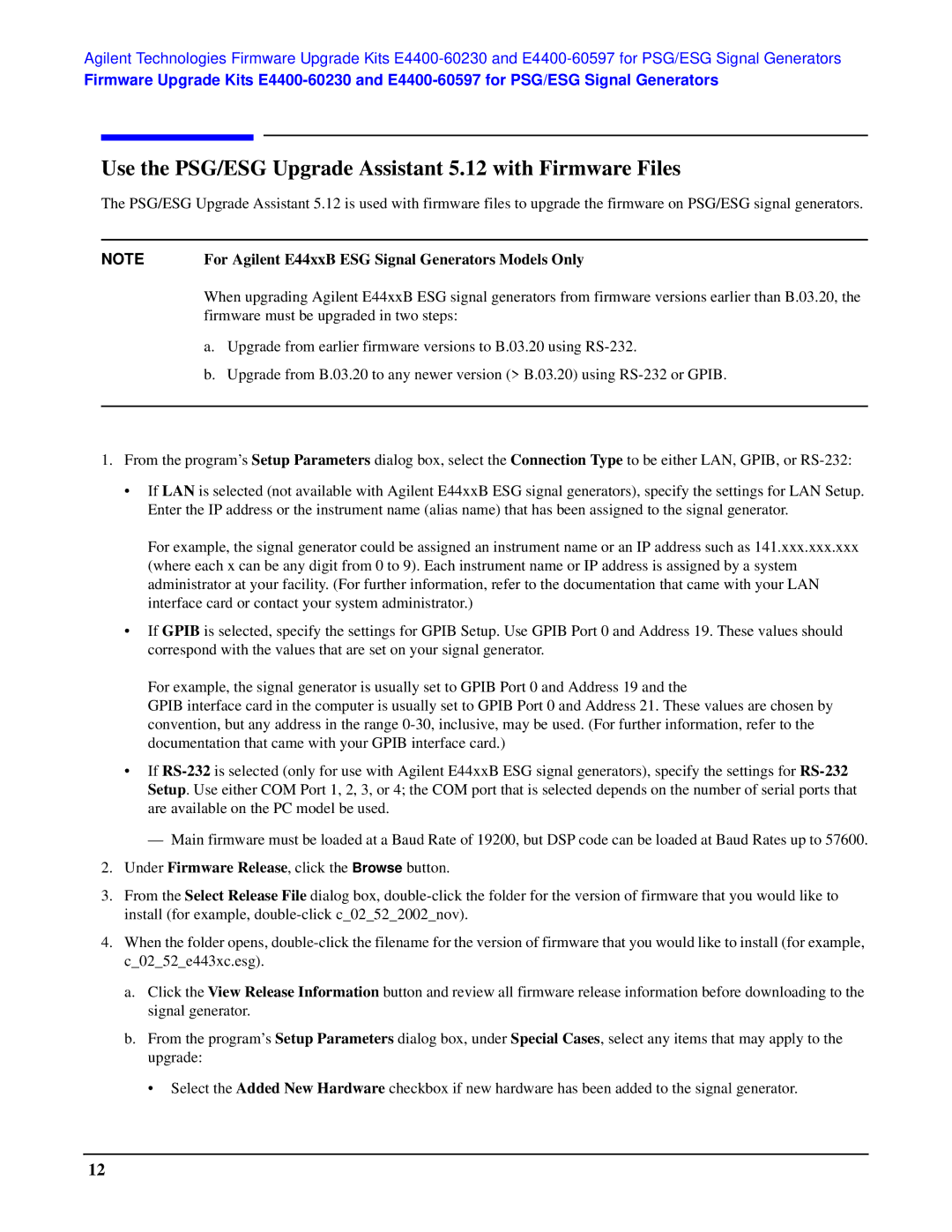 Agilent Technologies E4400-60597, E4400-60230 manual Use the PSG/ESG Upgrade Assistant 5.12 with Firmware Files 