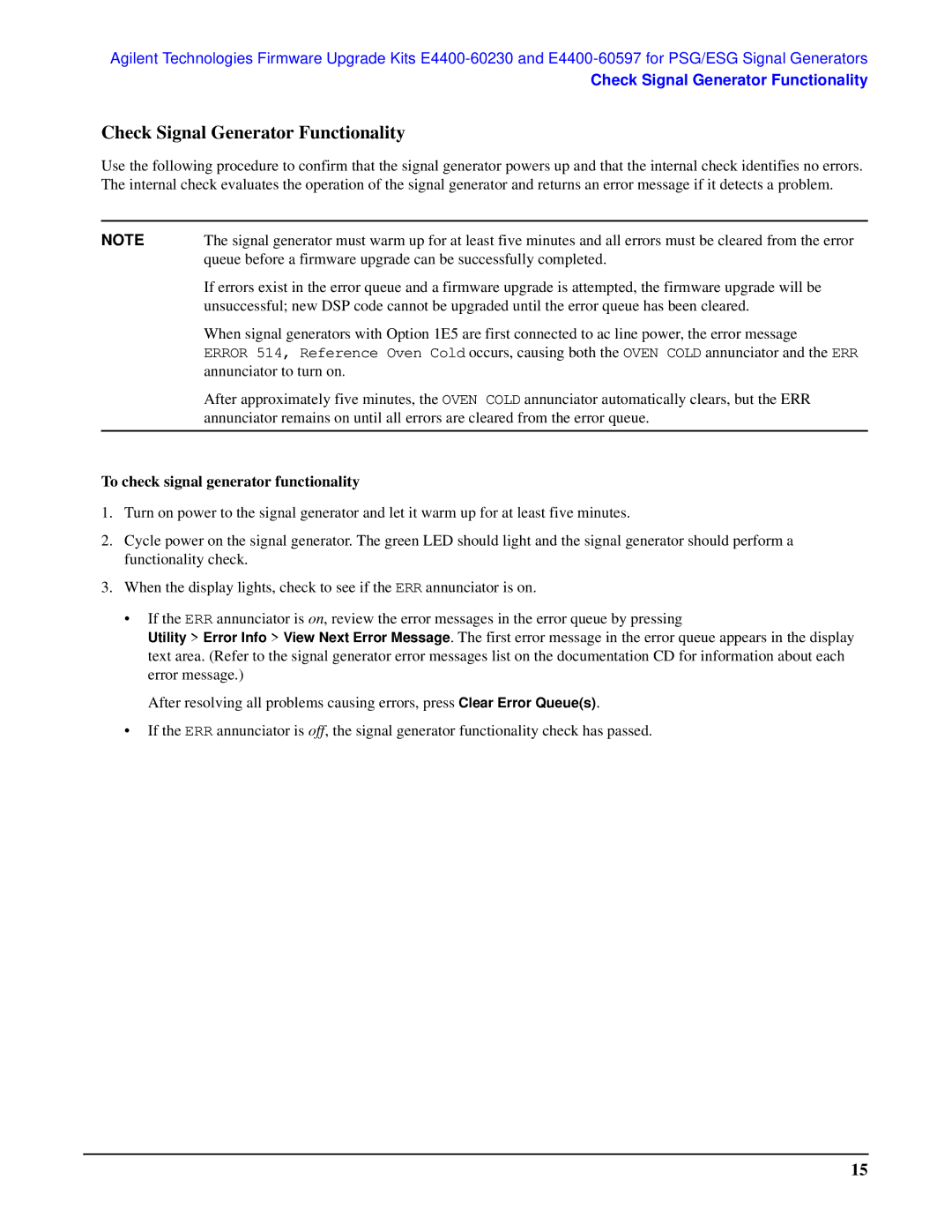 Agilent Technologies E4400-60230, E4400-60597 manual Check Signal Generator Functionality 