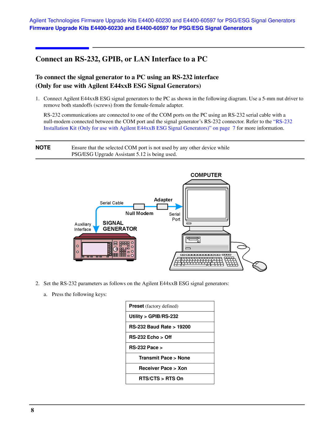 Agilent Technologies E4400-60597, E4400-60230 manual Connect an RS-232, GPIB, or LAN Interface to a PC 