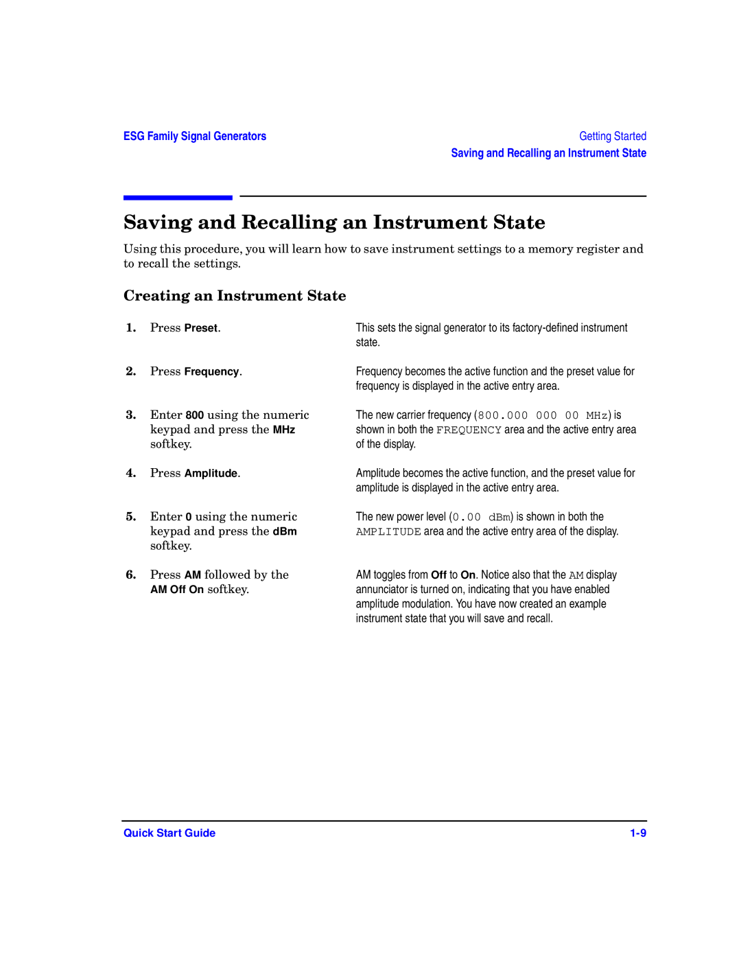 Agilent Technologies E4400-90326 quick start Saving and Recalling an Instrument State, Creating an Instrument State 