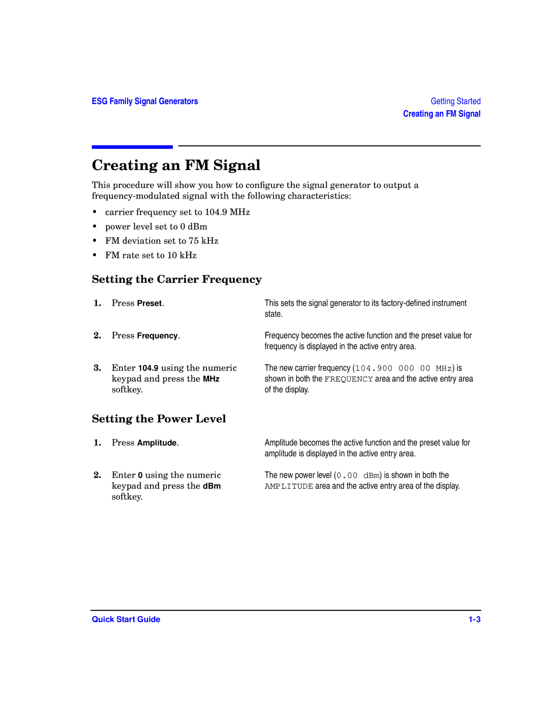 Agilent Technologies E4400-90326 quick start Creating an FM Signal, Setting the Carrier Frequency, Setting the Power Level 