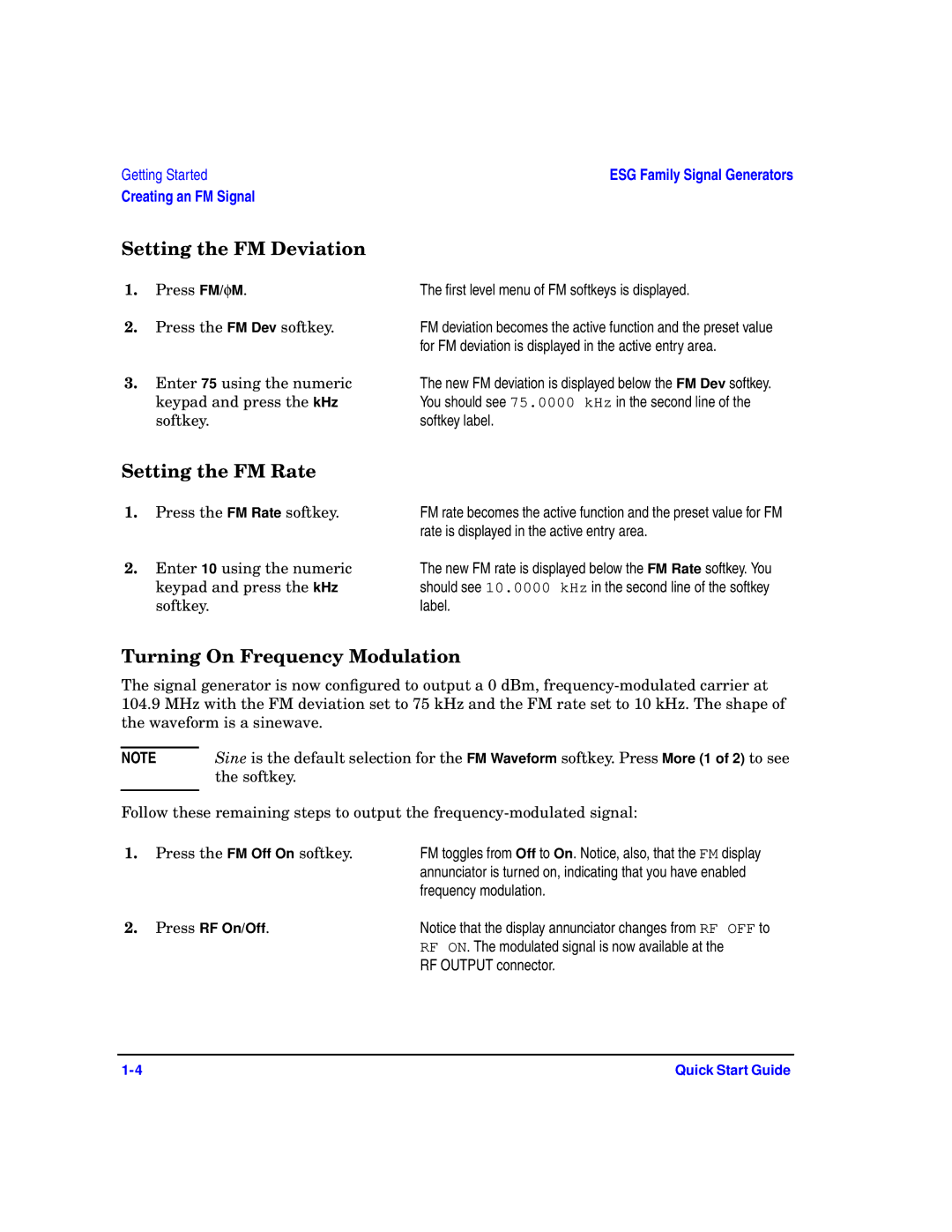 Agilent Technologies E4400-90326 quick start Setting the FM Deviation, Setting the FM Rate, Turning On Frequency Modulation 