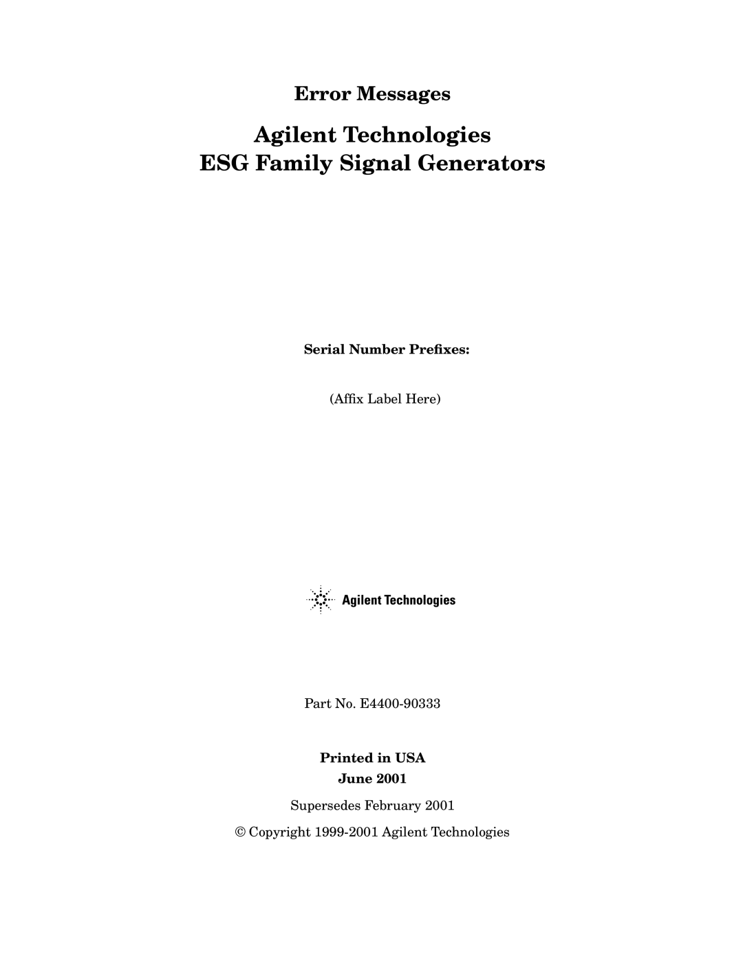 Agilent Technologies manual Afﬁx Label Here Part No. E4400-90333 