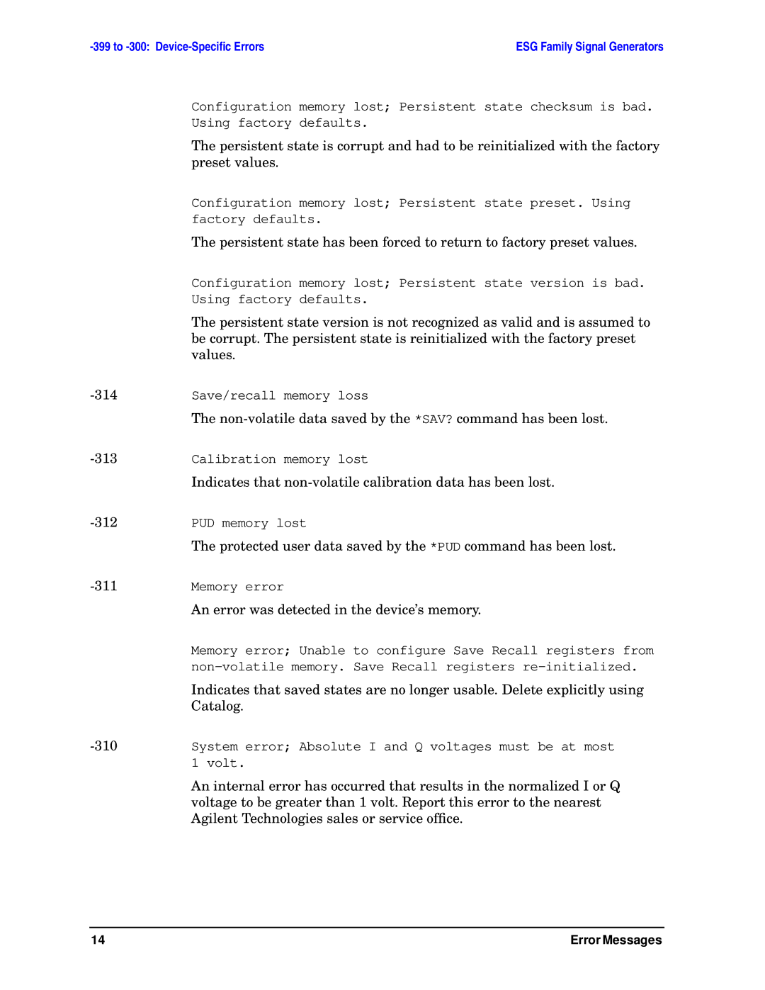Agilent Technologies E4400-90333 Values, 314, Non-volatile data saved by the *SAV? command has been lost, 313, 312, 311 