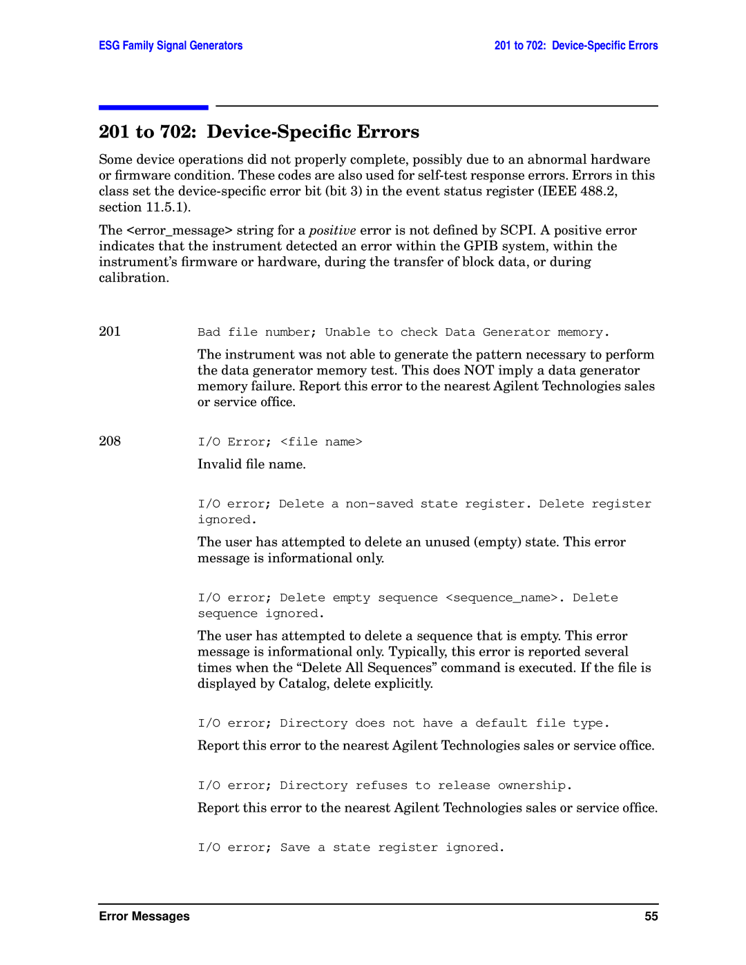 Agilent Technologies E4400-90333 manual 201 to 702 Device-Speciﬁc Errors, Invalid ﬁle name 