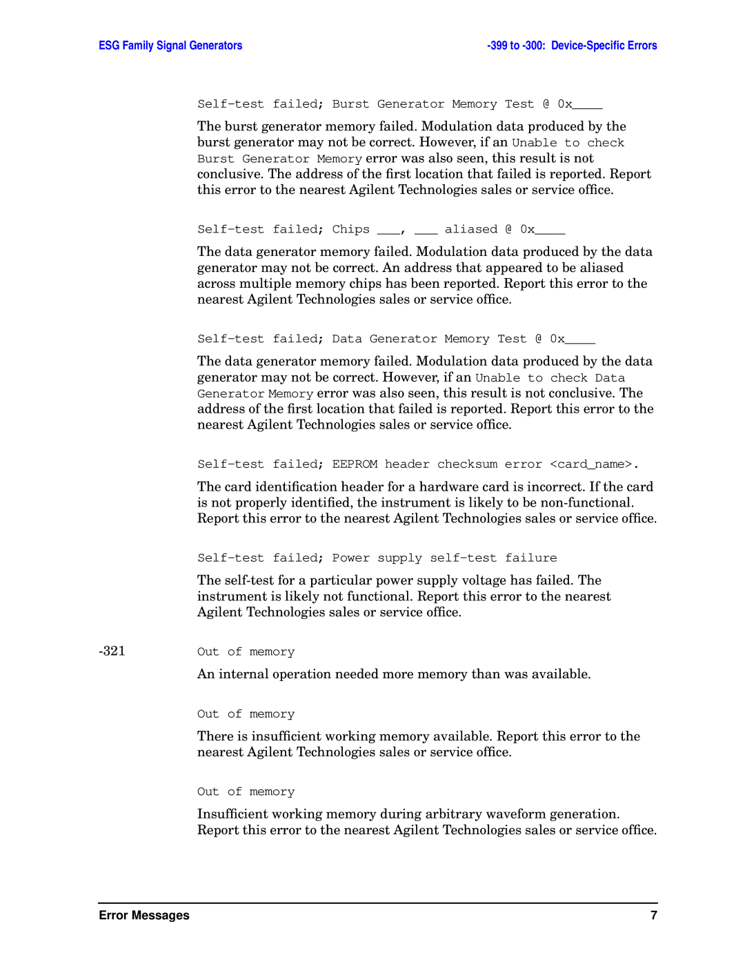 Agilent Technologies E4400-90333 manual Burst generator memory failed. Modulation data produced by, 321 