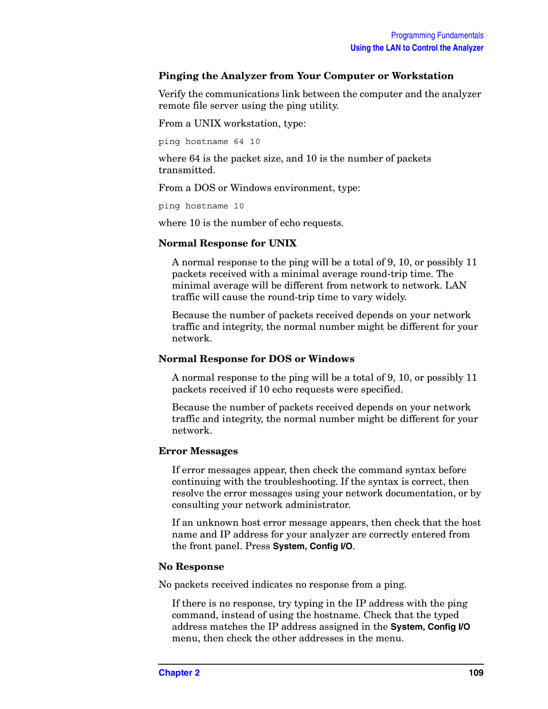 Agilent Technologies E4406A VSA manual Pinging the Analyzer from Your Computer or Workstation, Normal Response for Unix 