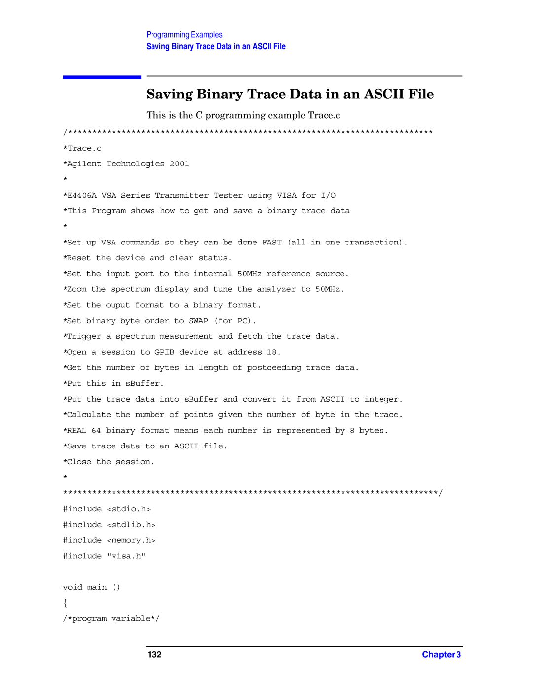 Agilent Technologies E4406A VSA manual Saving Binary Trace Data in an Ascii File, Agilent Technologies 