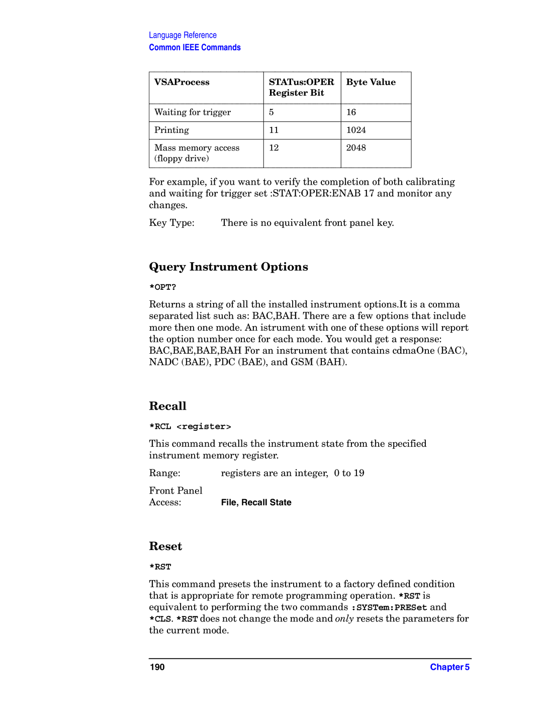 Agilent Technologies E4406A VSA manual Query Instrument Options, Recall, Reset, RCL register 