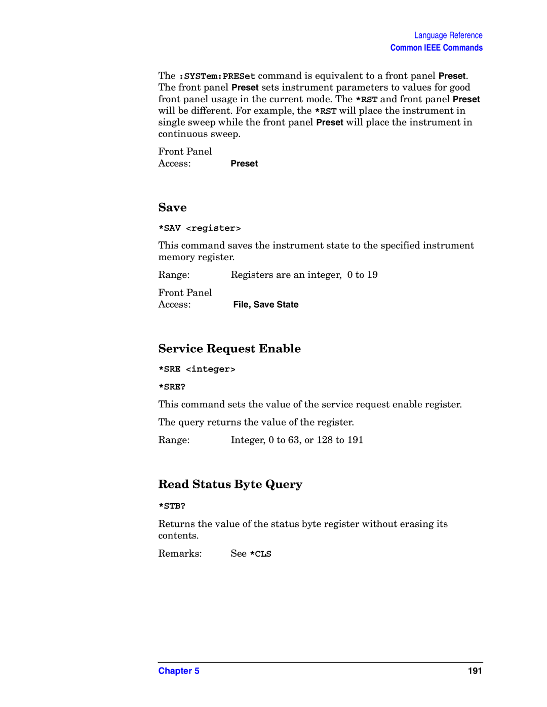 Agilent Technologies E4406A VSA manual Save, Service Request Enable, Read Status Byte Query, SAV register, SRE integer 