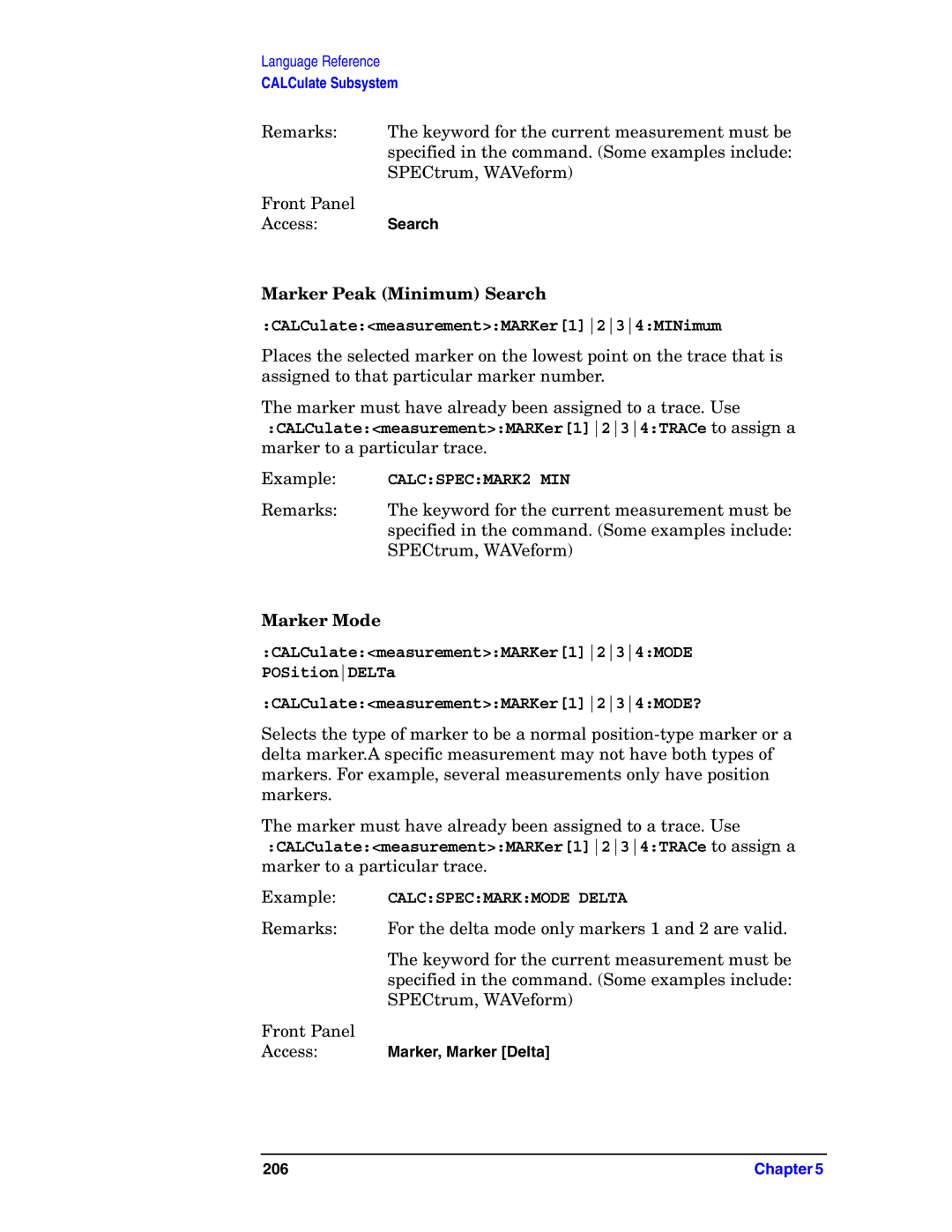 Agilent Technologies E4406A VSA manual Marker Peak Minimum Search, CALCulatemeasurementMARKer1234MINimum, Marker Mode 