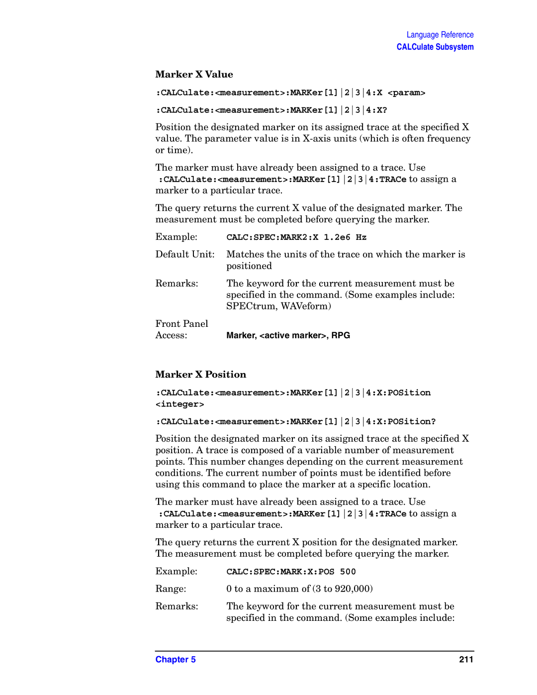 Agilent Technologies E4406A VSA manual Marker X Value, CALCSPECMARK2X 1.2e6 Hz, Marker X Position 