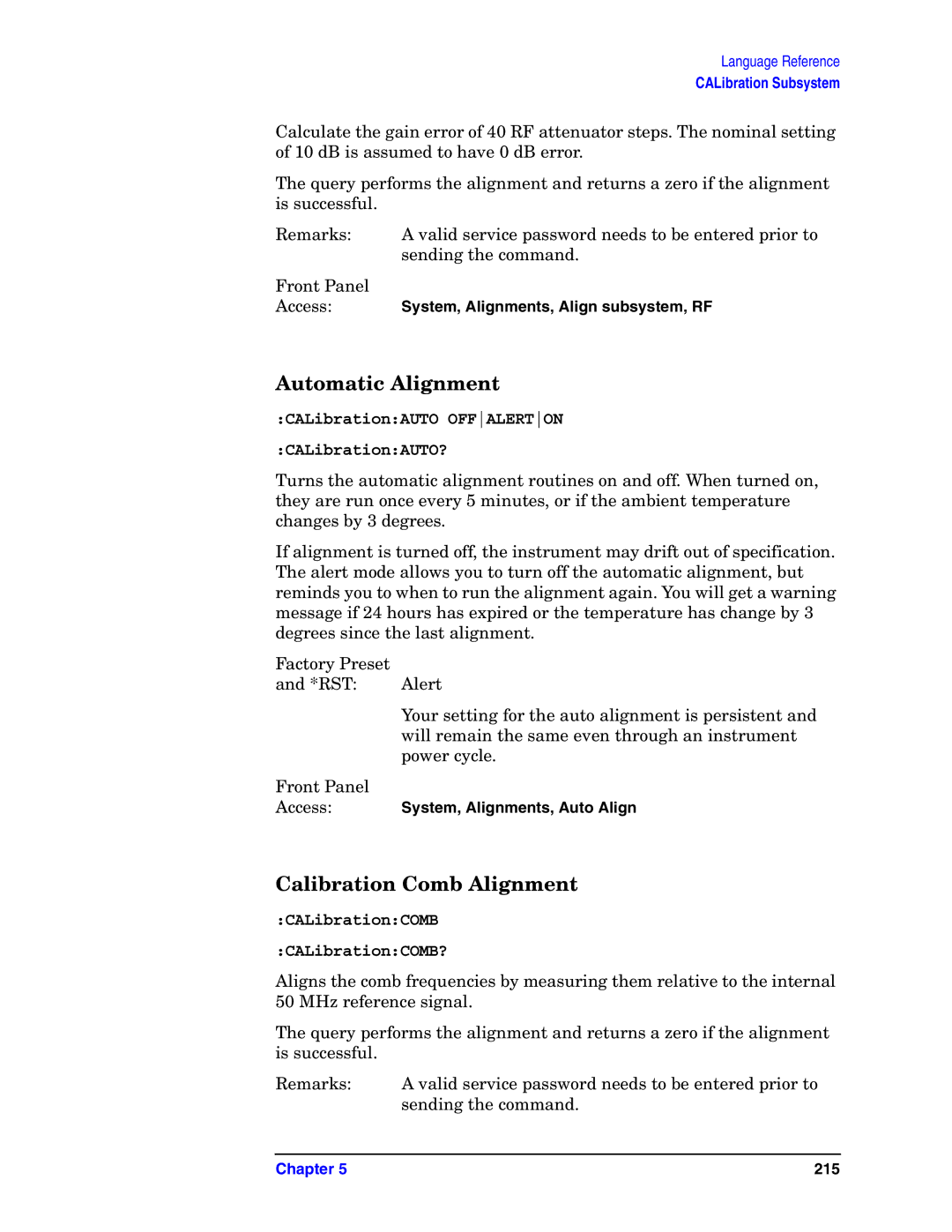Agilent Technologies E4406A VSA manual Automatic Alignment, Calibration Comb Alignment, CALibrationCOMB CALibrationCOMB? 