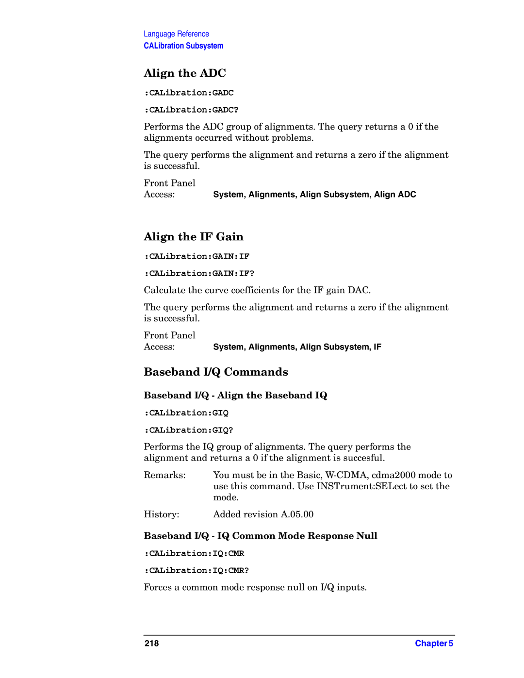 Agilent Technologies E4406A VSA manual Align the ADC, Align the if Gain, Baseband I/Q Commands 