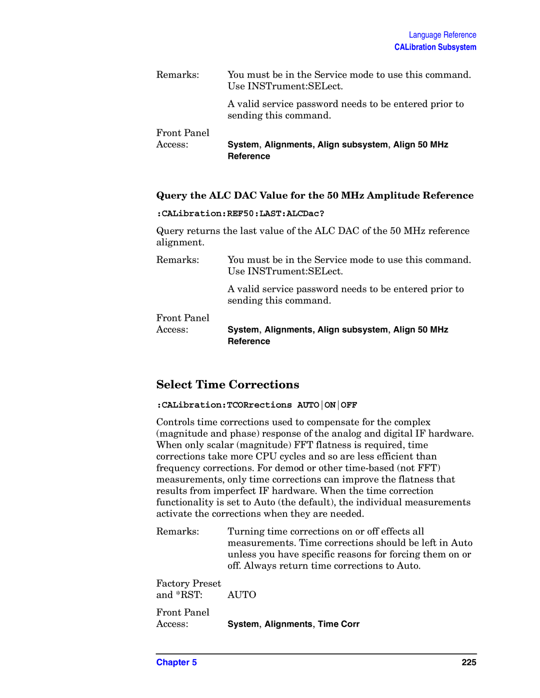 Agilent Technologies E4406A VSA Select Time Corrections, Query the ALC DAC Value for the 50 MHz Amplitude Reference, Auto 