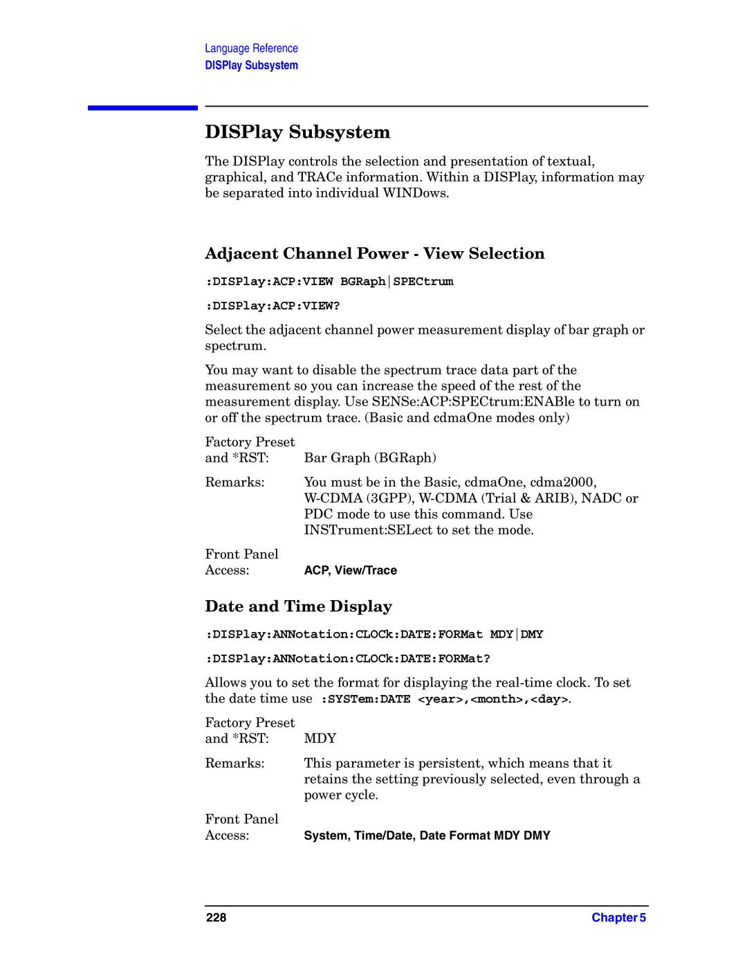 Agilent Technologies E4406A VSA manual DISPlay Subsystem, Adjacent Channel Power View Selection, Date and Time Display, Mdy 