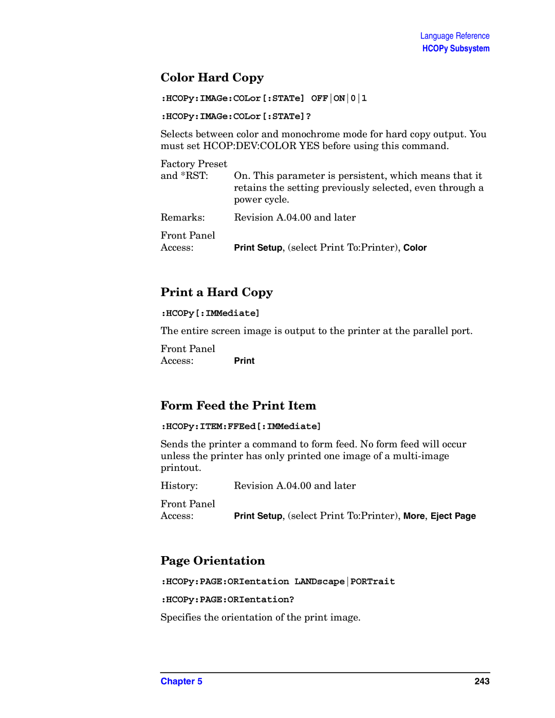 Agilent Technologies E4406A VSA manual Color Hard Copy, Print a Hard Copy, Form Feed the Print Item, Orientation 