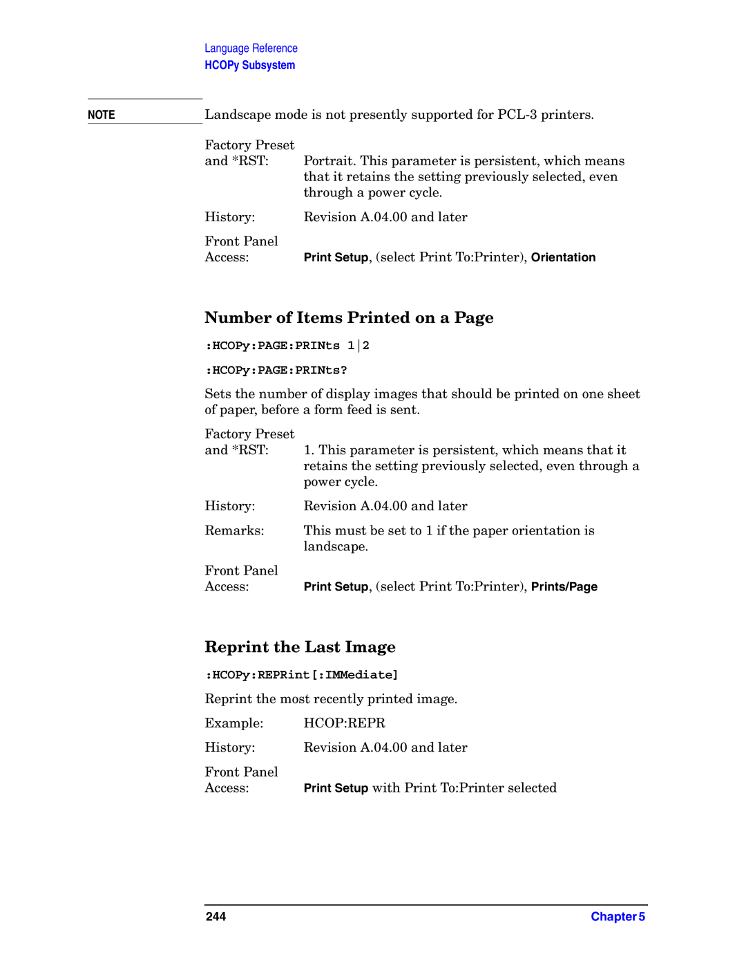 Agilent Technologies E4406A VSA Number of Items Printed on a, Reprint the Last Image, HCOPyPAGEPRINts HCOPyPAGEPRINts? 