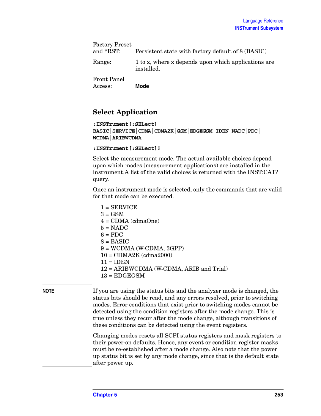 Agilent Technologies E4406A VSA manual Select Application, INSTrumentSELect? 