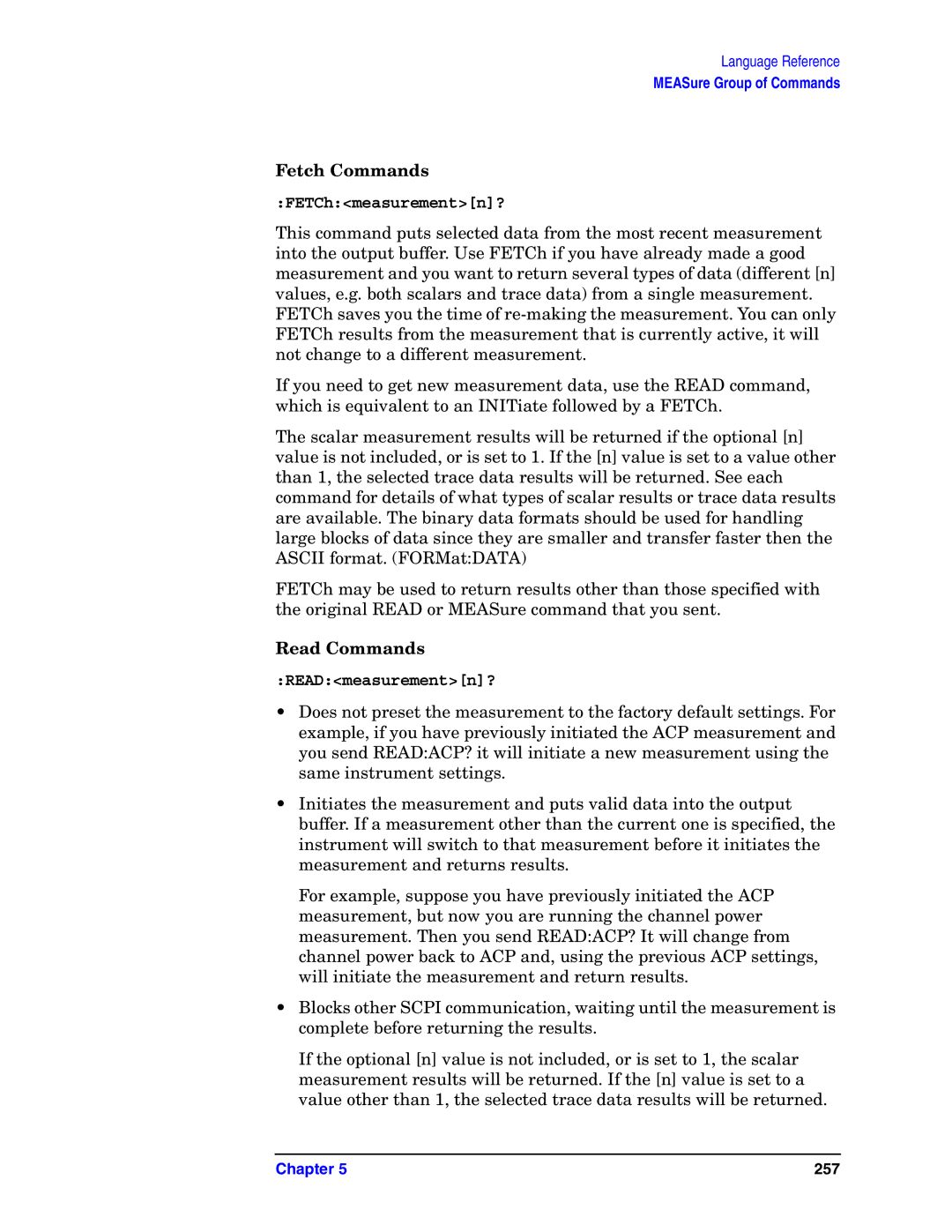 Agilent Technologies E4406A VSA manual Fetch Commands, Read Commands, READmeasurementn? 