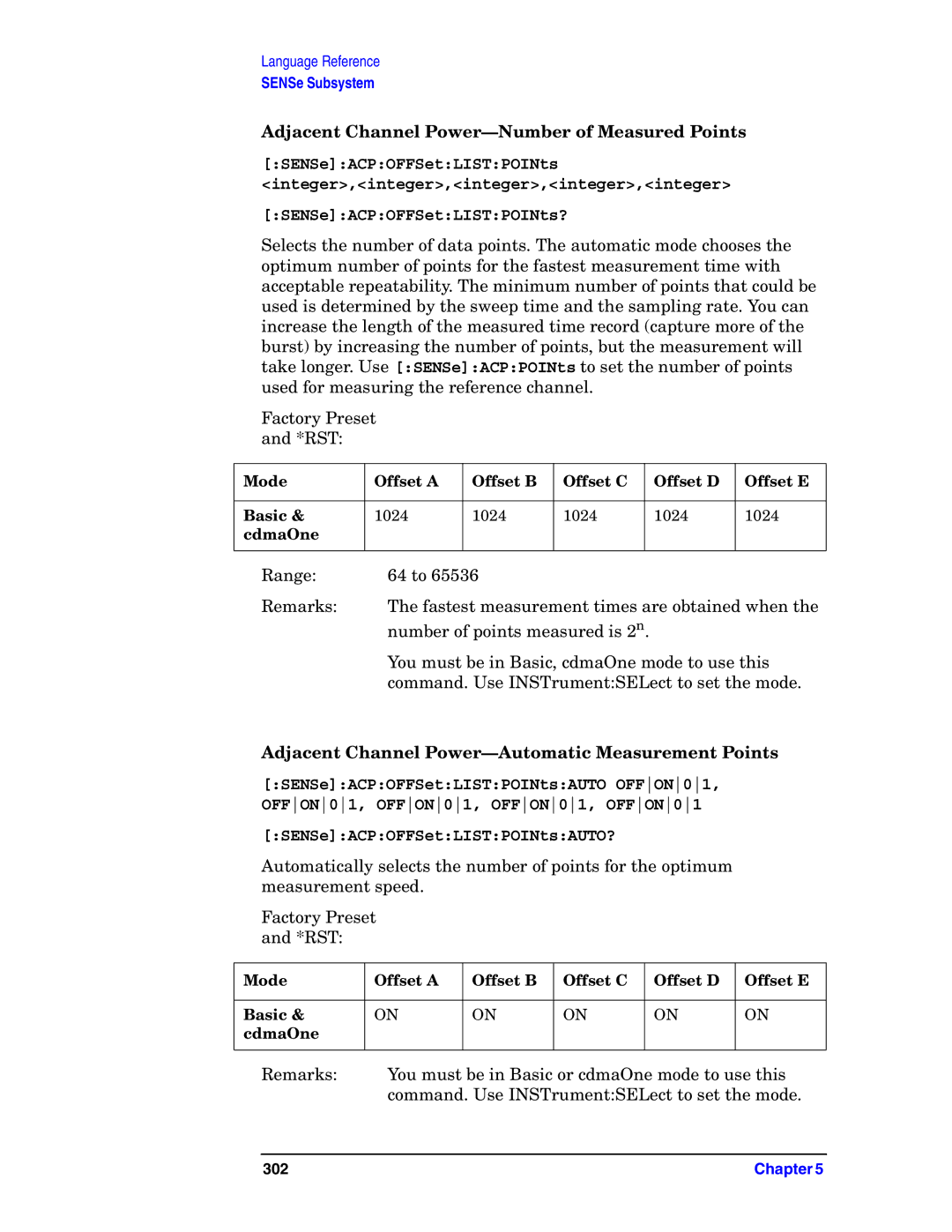 Agilent Technologies E4406A VSA manual Adjacent Channel Power-Number of Measured Points, SENSeACPOFFSetLISTPOINtsAUTO? 