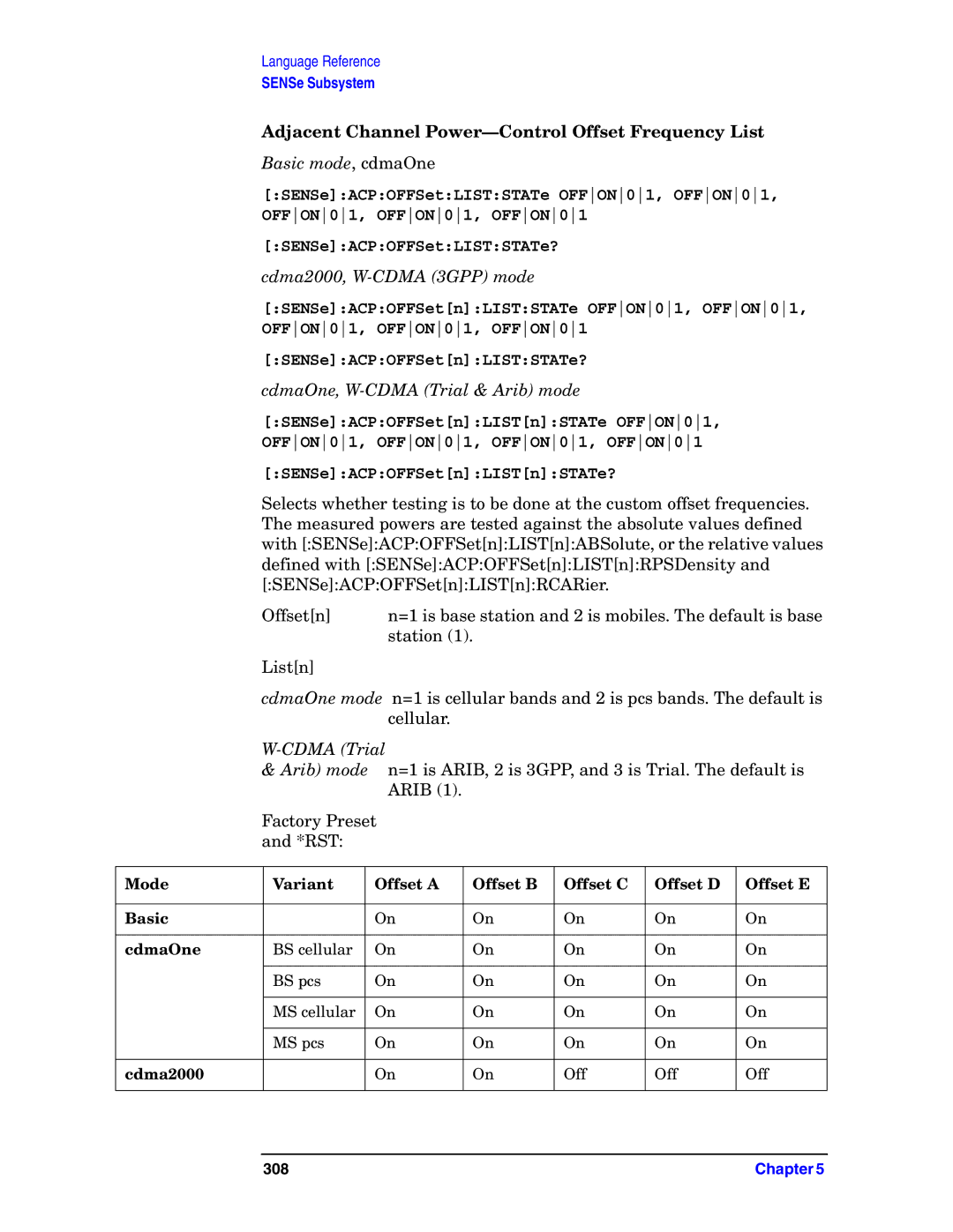 Agilent Technologies E4406A VSA manual Adjacent Channel Power-Control Offset Frequency List, SENSeACPOFFSetnLISTnSTATe? 