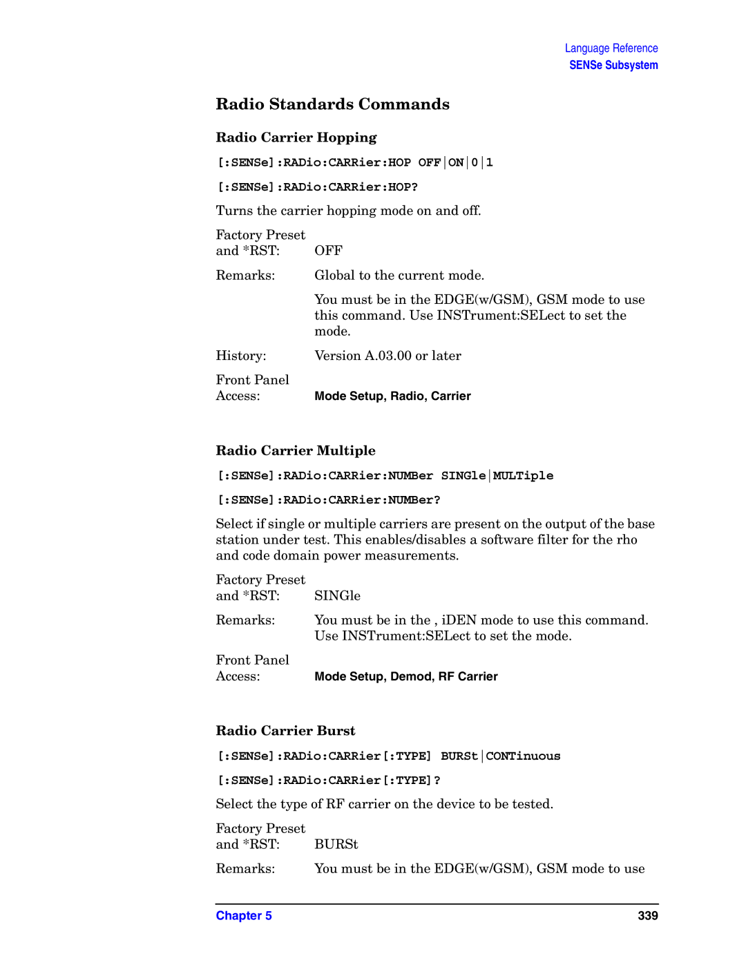 Agilent Technologies E4406A VSA manual Radio Standards Commands, Radio Carrier Hopping, Radio Carrier Multiple 