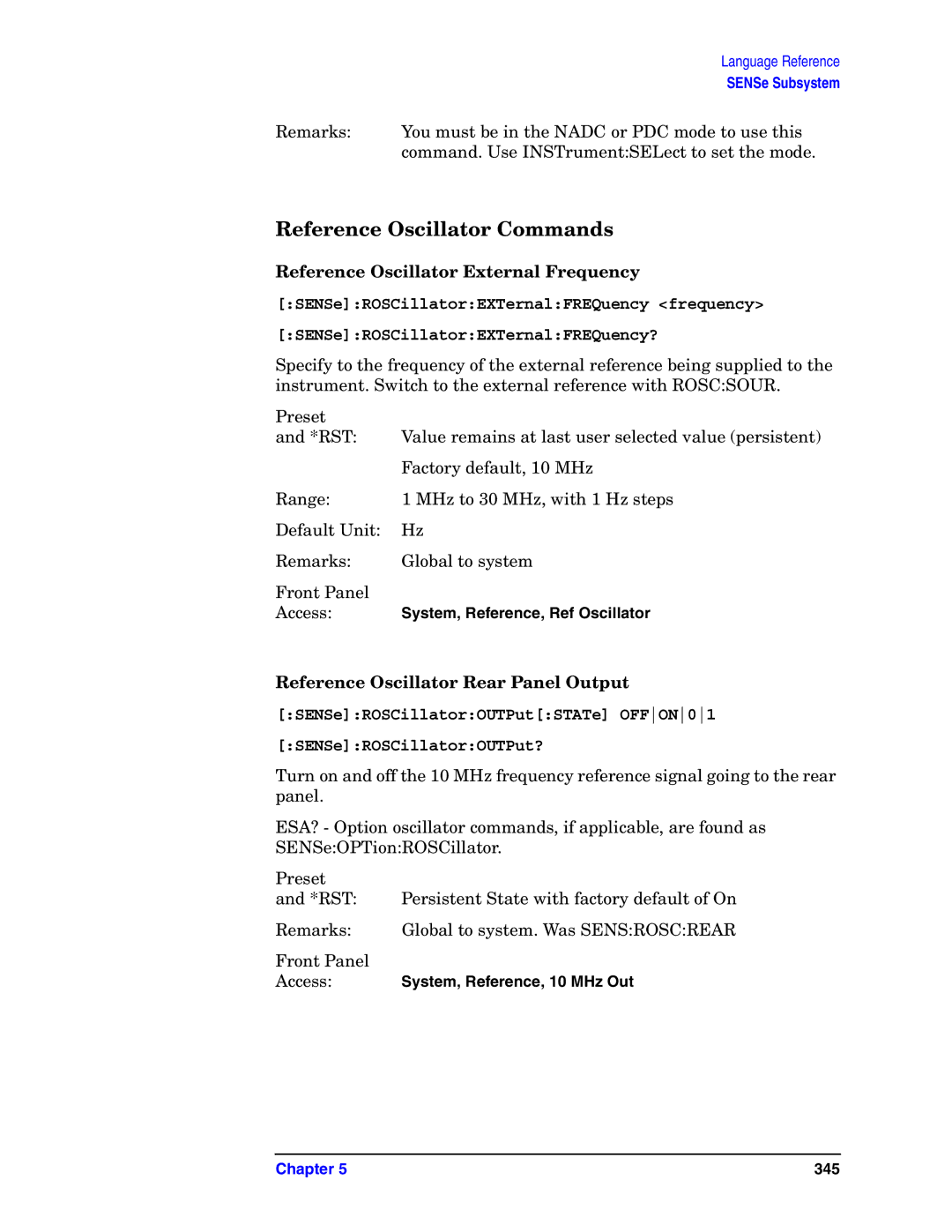 Agilent Technologies E4406A VSA manual Reference Oscillator Commands, Reference Oscillator External Frequency 