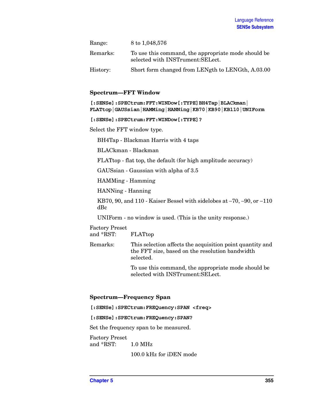 Agilent Technologies E4406A VSA manual Spectrum-FFT Window, Spectrum-Frequency Span 