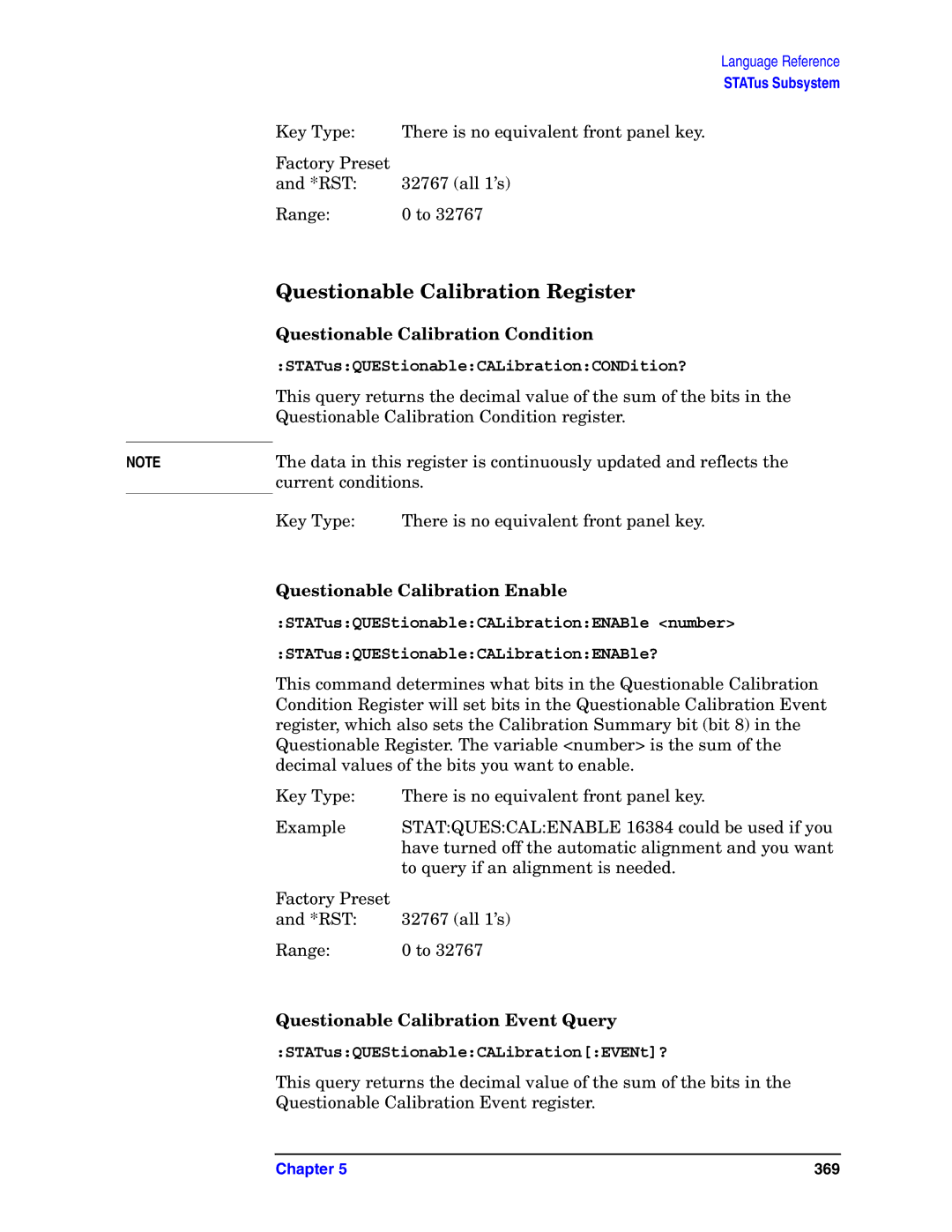 Agilent Technologies E4406A VSA manual Questionable Calibration Register, Questionable Calibration Enable 