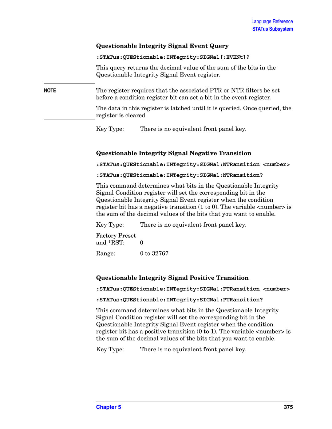 Agilent Technologies E4406A VSA manual Questionable Integrity Signal Event Query, STATusQUEStionableINTegritySIGNalEVENt? 