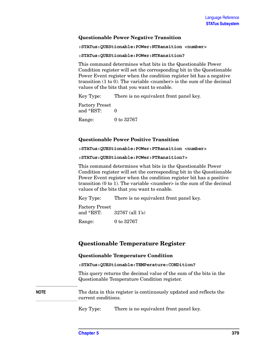 Agilent Technologies E4406A VSA manual Questionable Temperature Register, Questionable Power Negative Transition 