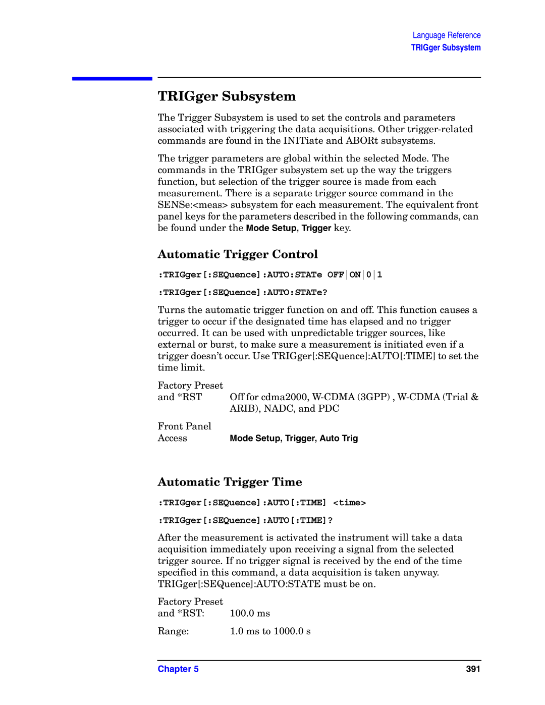 Agilent Technologies E4406A VSA manual TRIGger Subsystem, Automatic Trigger Control, Automatic Trigger Time 