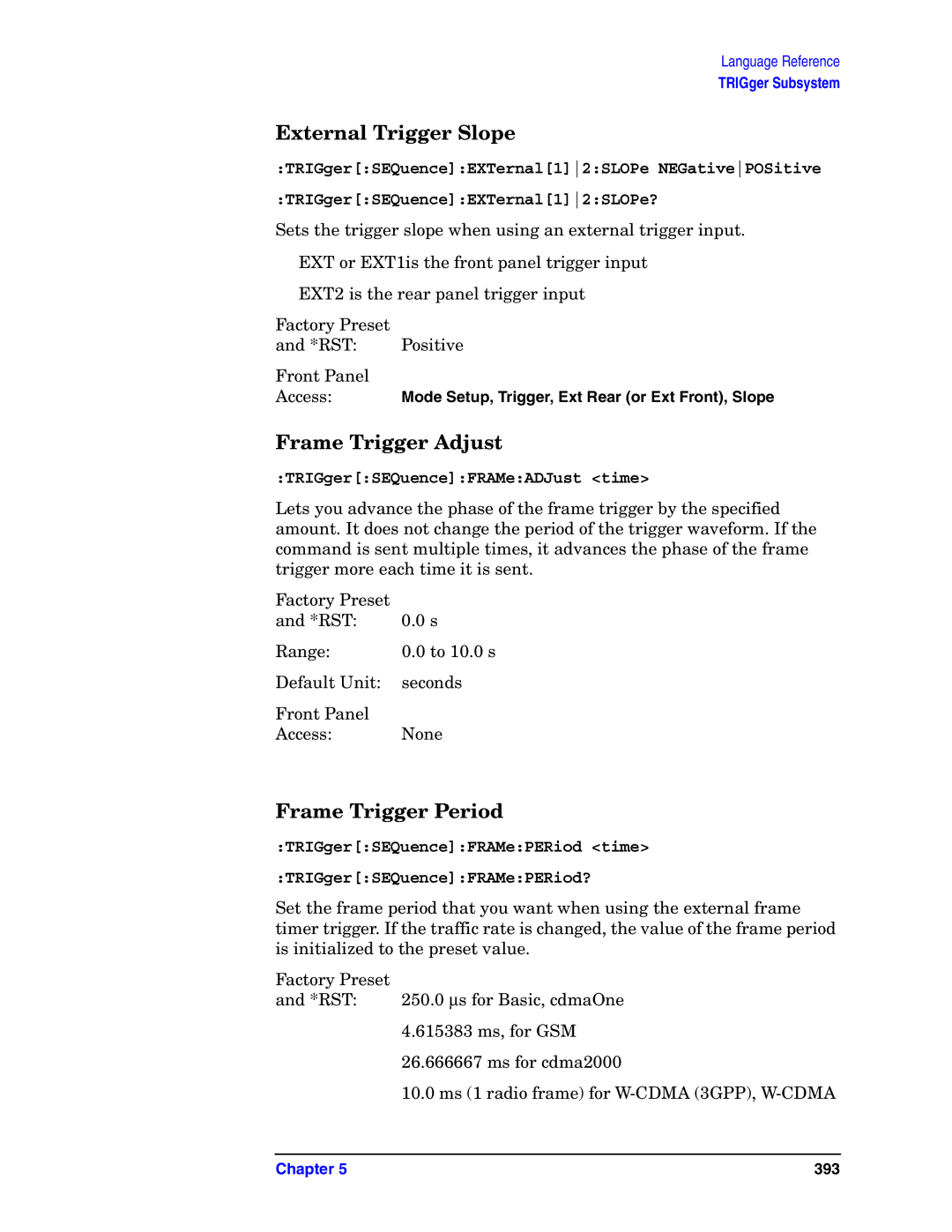 Agilent Technologies E4406A VSA manual External Trigger Slope, Frame Trigger Adjust, Frame Trigger Period 