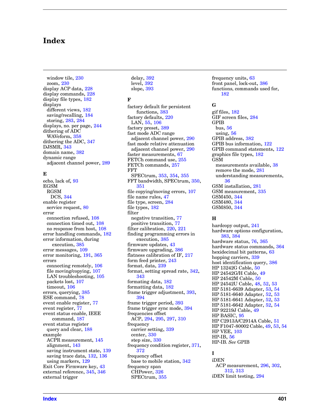 Agilent Technologies E4406A VSA manual Index 401 