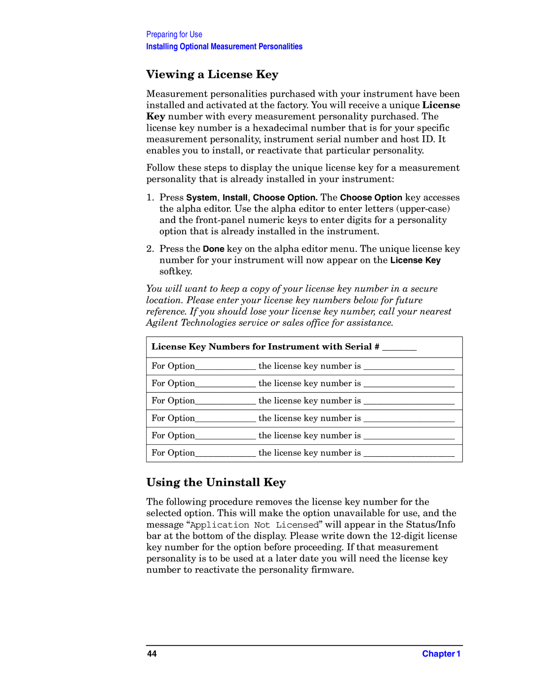 Agilent Technologies E4406A VSA manual Viewing a License Key, Using the Uninstall Key 