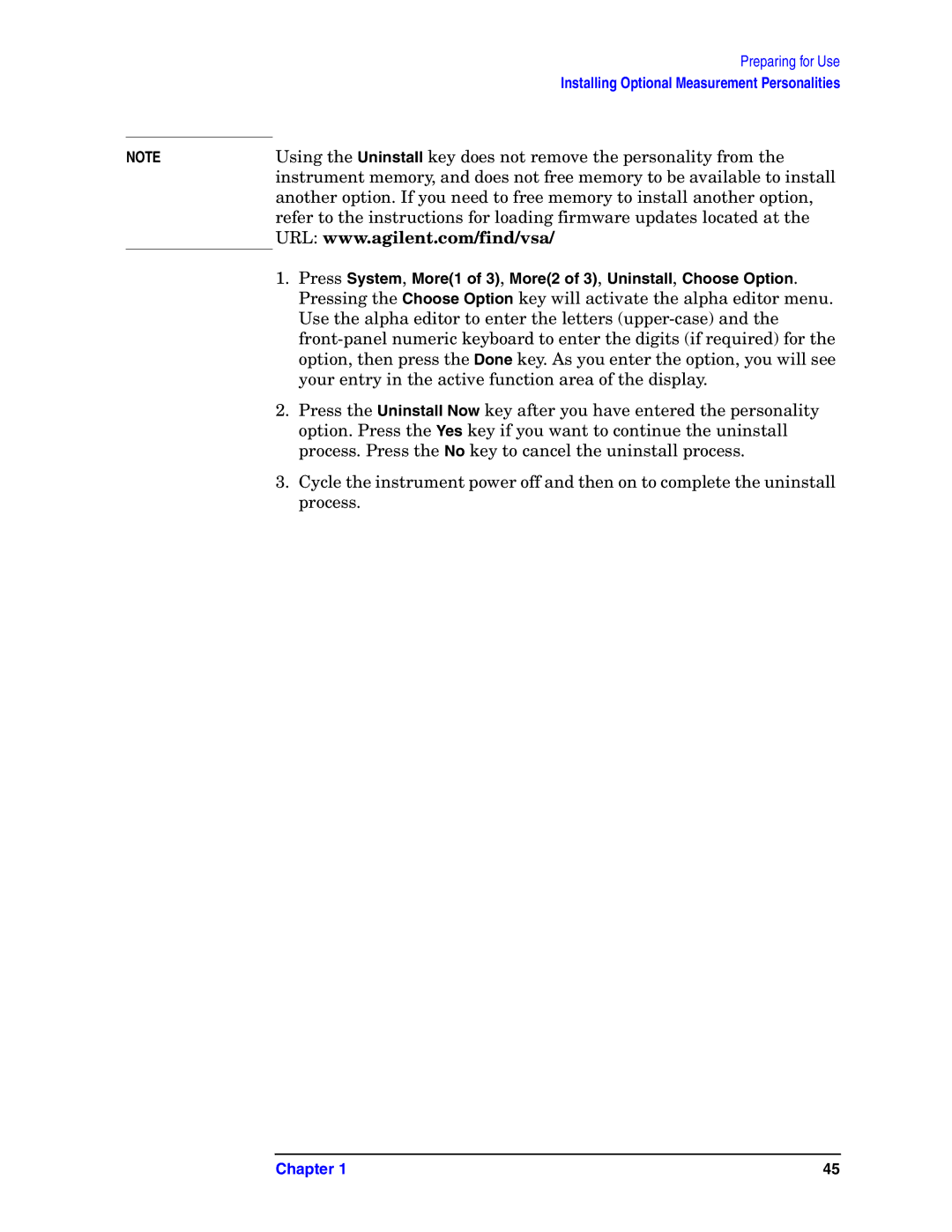 Agilent Technologies E4406A VSA manual Using the Uninstall key does not remove the personality from 