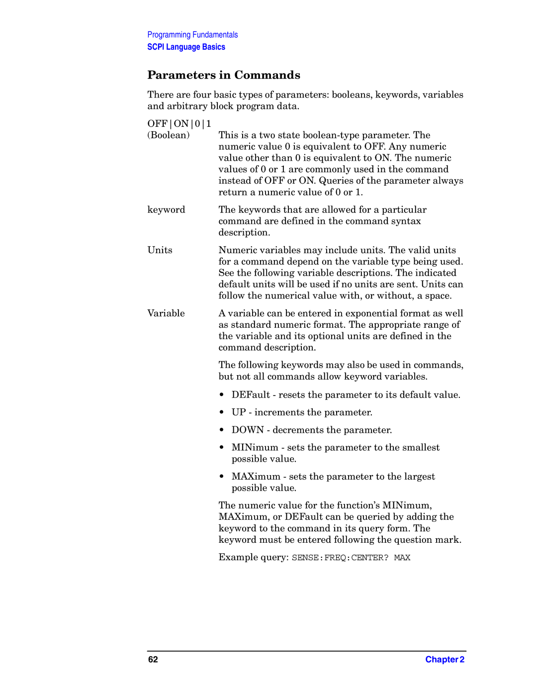 Agilent Technologies E4406A VSA manual Parameters in Commands, OFFON01 