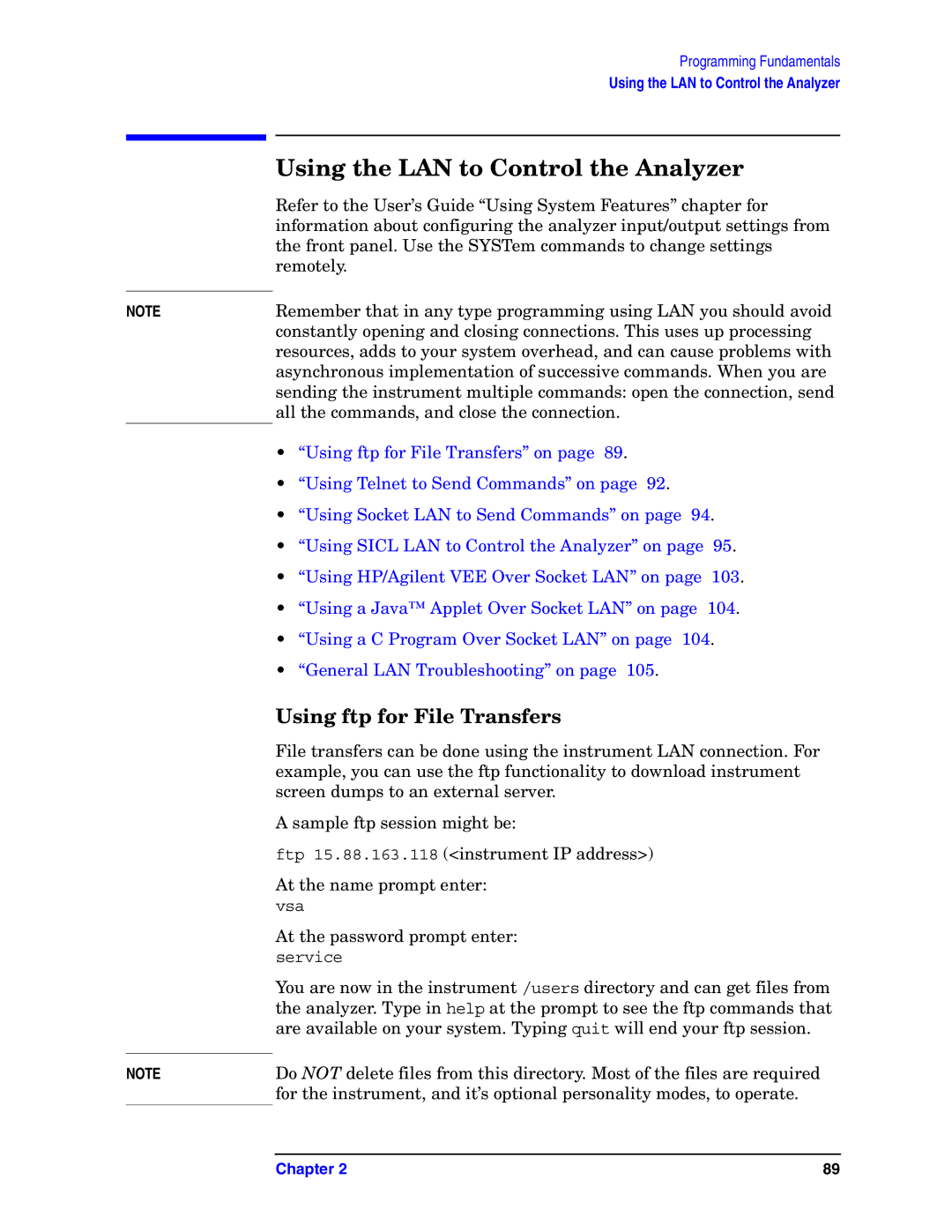 Agilent Technologies E4406A VSA manual Using the LAN to Control the Analyzer, Using ftp for File Transfers 