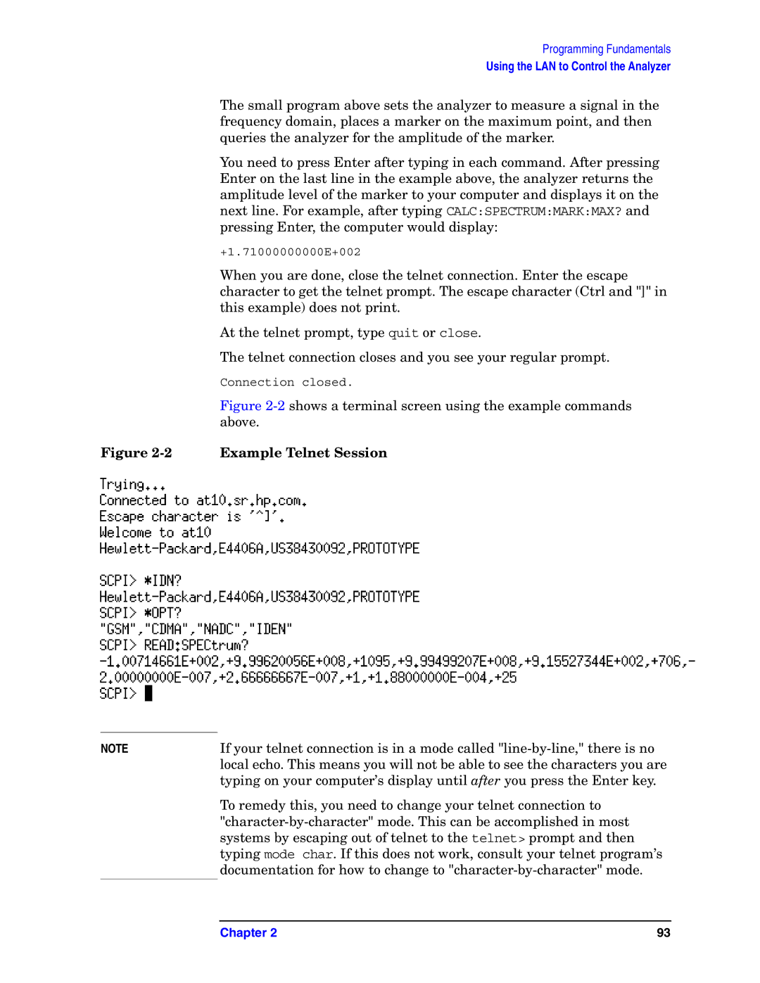 Agilent Technologies E4406A VSA manual Example Telnet Session 