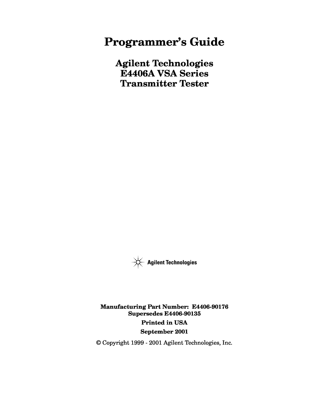 Agilent Technologies manual Programmer’s Guide, Agilent Technologies E4406A VSA Series, Transmitter Tester 