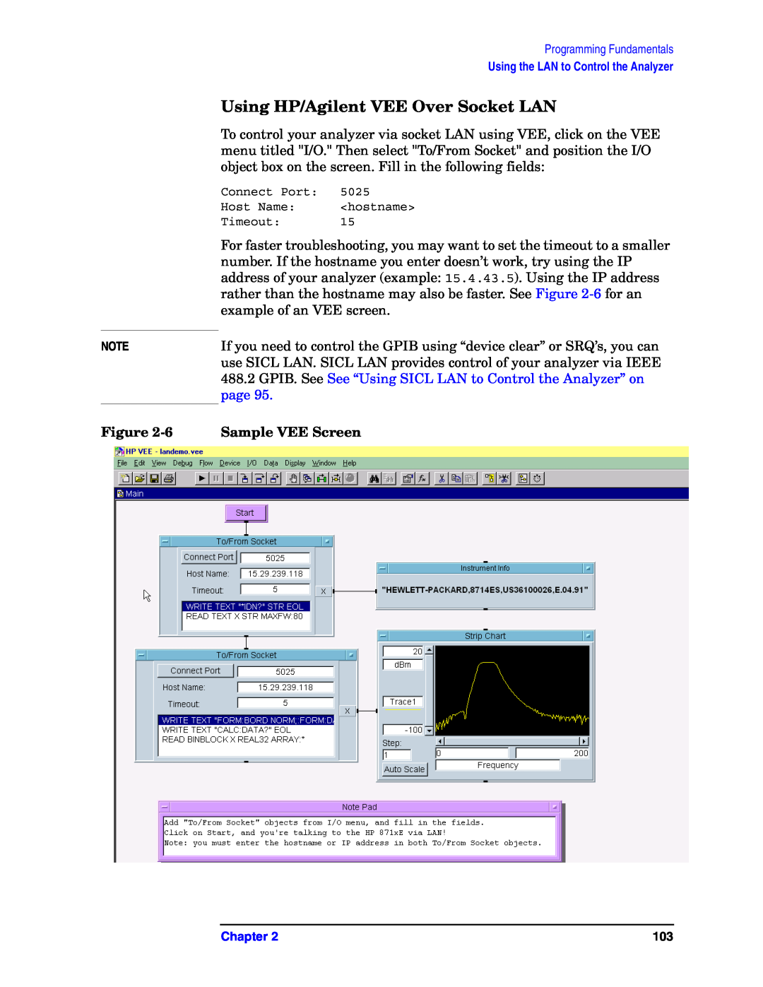 Agilent Technologies E4406A VSA manual Using HP/Agilent VEE Over Socket LAN, page, Figure, Sample VEE Screen 