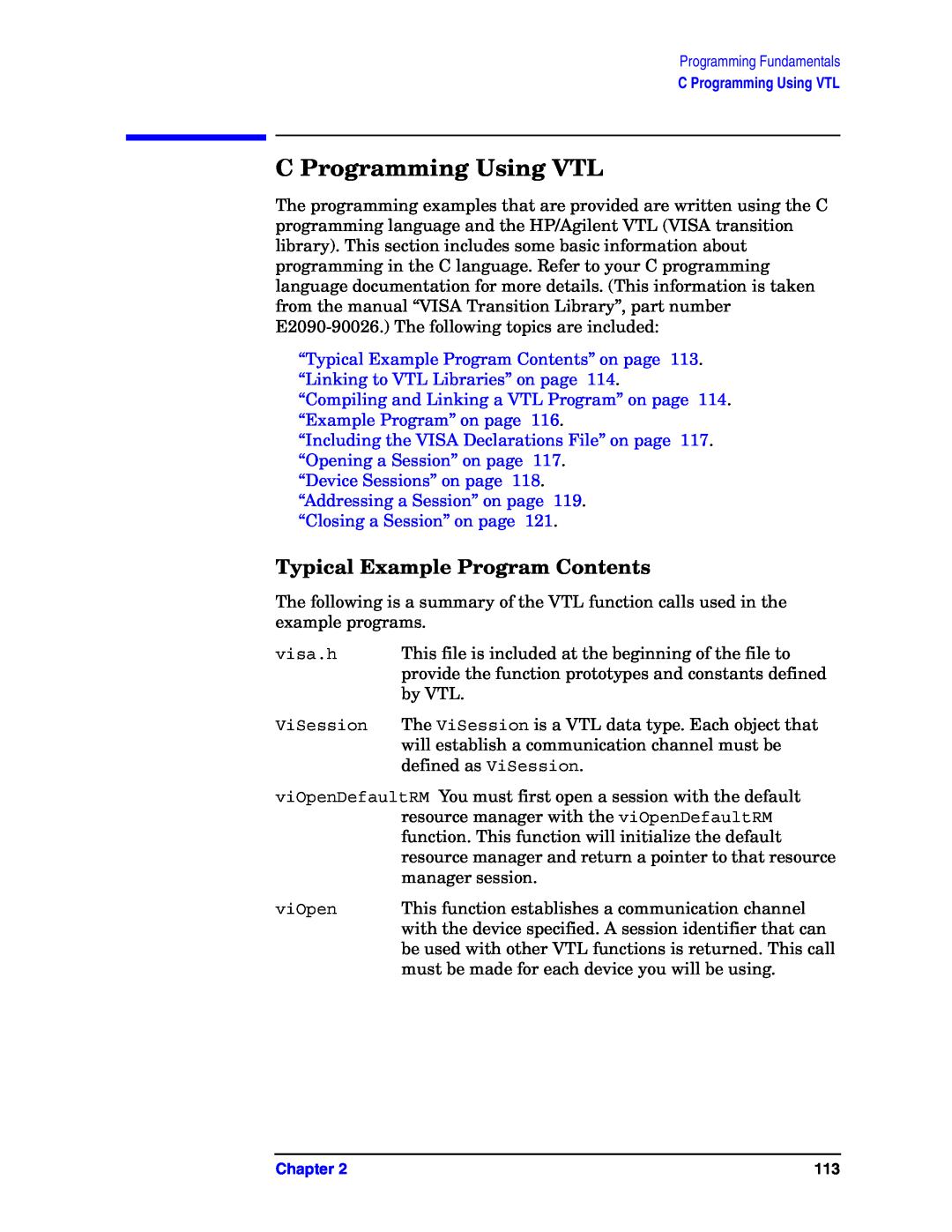 Agilent Technologies E4406A VSA manual C Programming Using VTL, Typical Example Program Contents, “Device Sessions” on page 