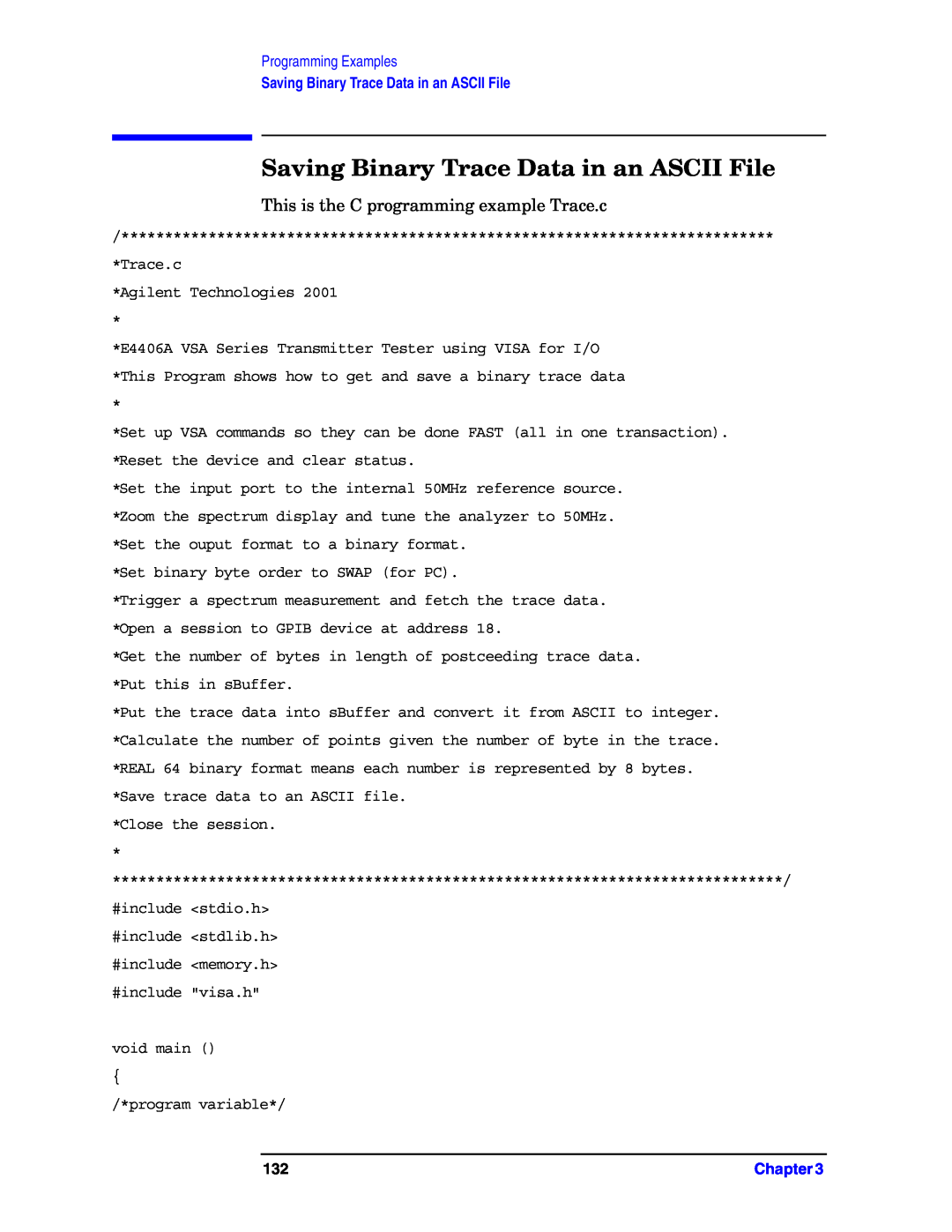 Agilent Technologies E4406A VSA manual Saving Binary Trace Data in an ASCII File, Programming Examples 