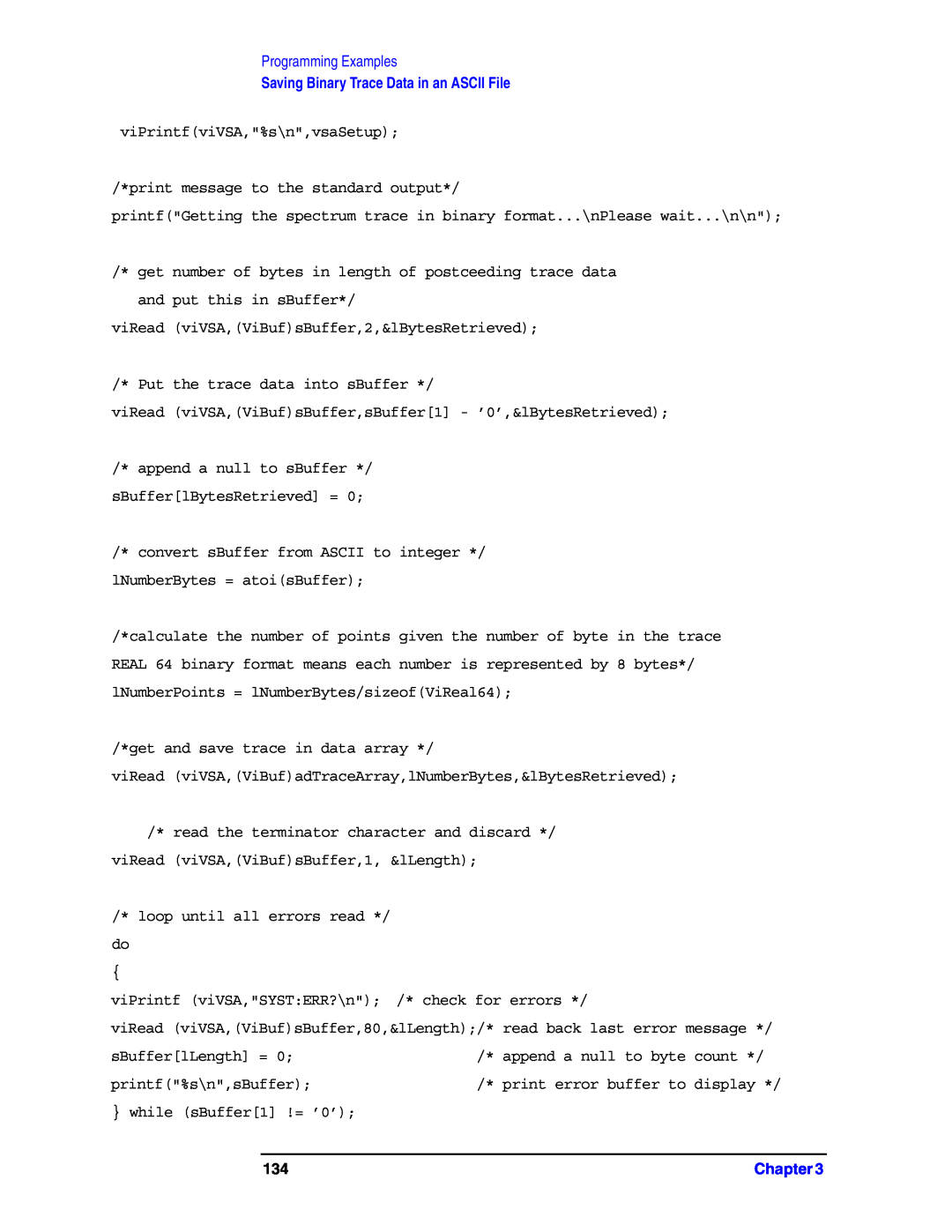 Agilent Technologies E4406A VSA manual Programming Examples, Saving Binary Trace Data in an ASCII File 
