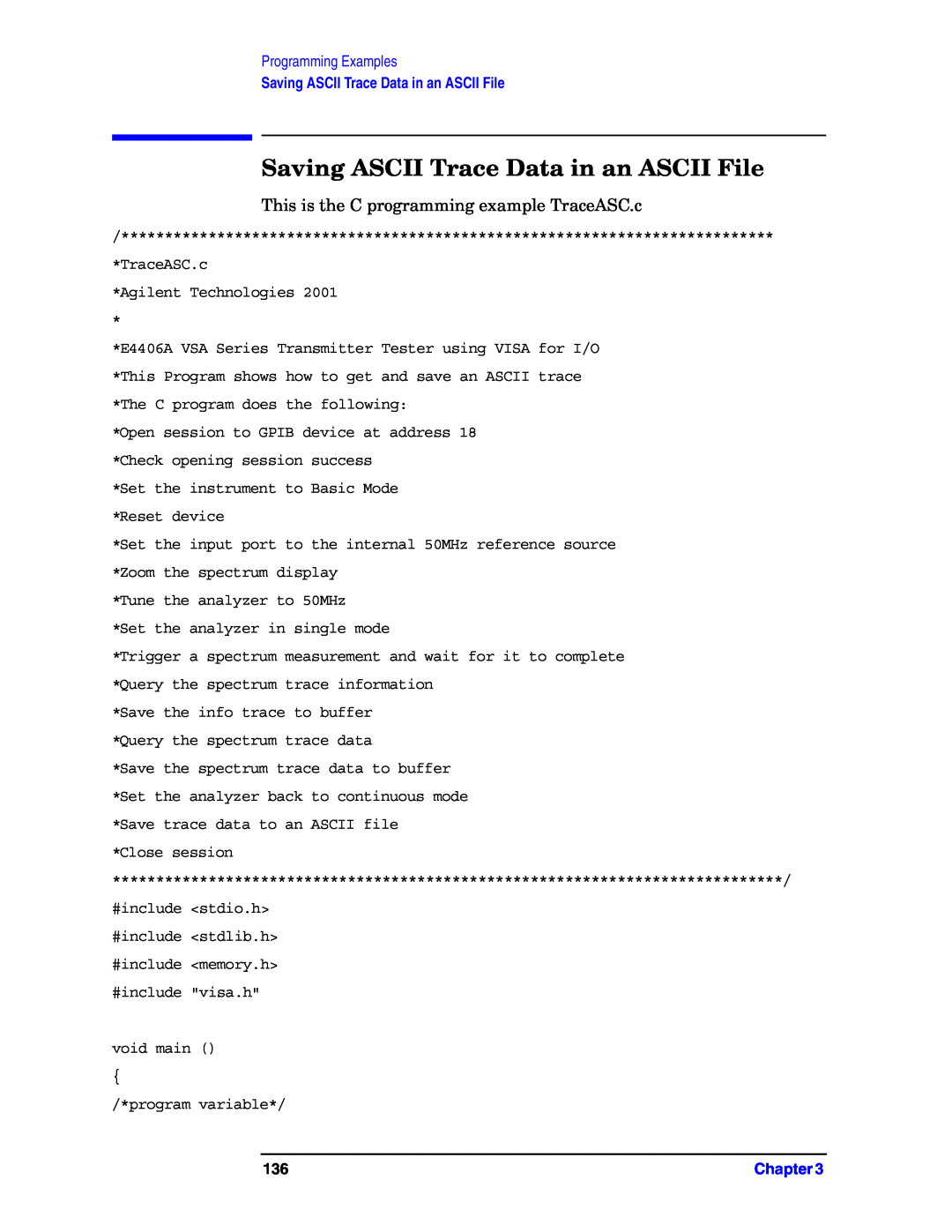 Agilent Technologies E4406A VSA manual Saving ASCII Trace Data in an ASCII File, Programming Examples 