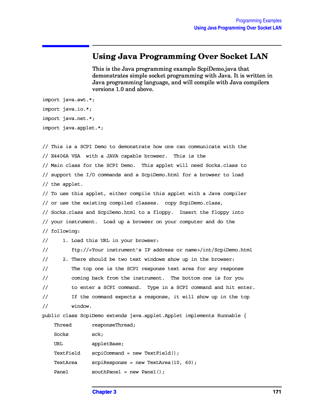 Agilent Technologies E4406A VSA manual Using Java Programming Over Socket LAN, Programming Examples, Chapter 