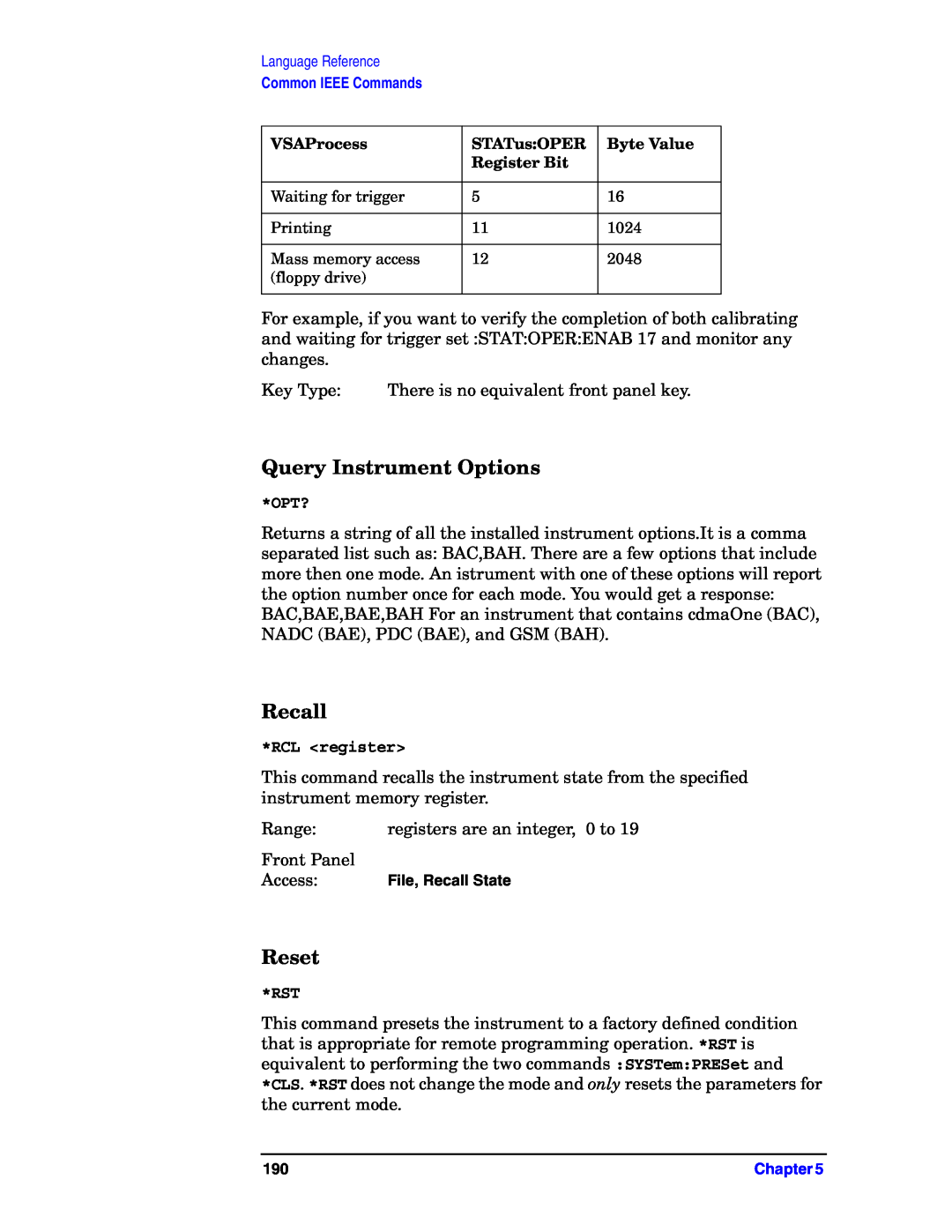 Agilent Technologies E4406A VSA manual Query Instrument Options, Recall, Reset, Opt?, RCL <register> 