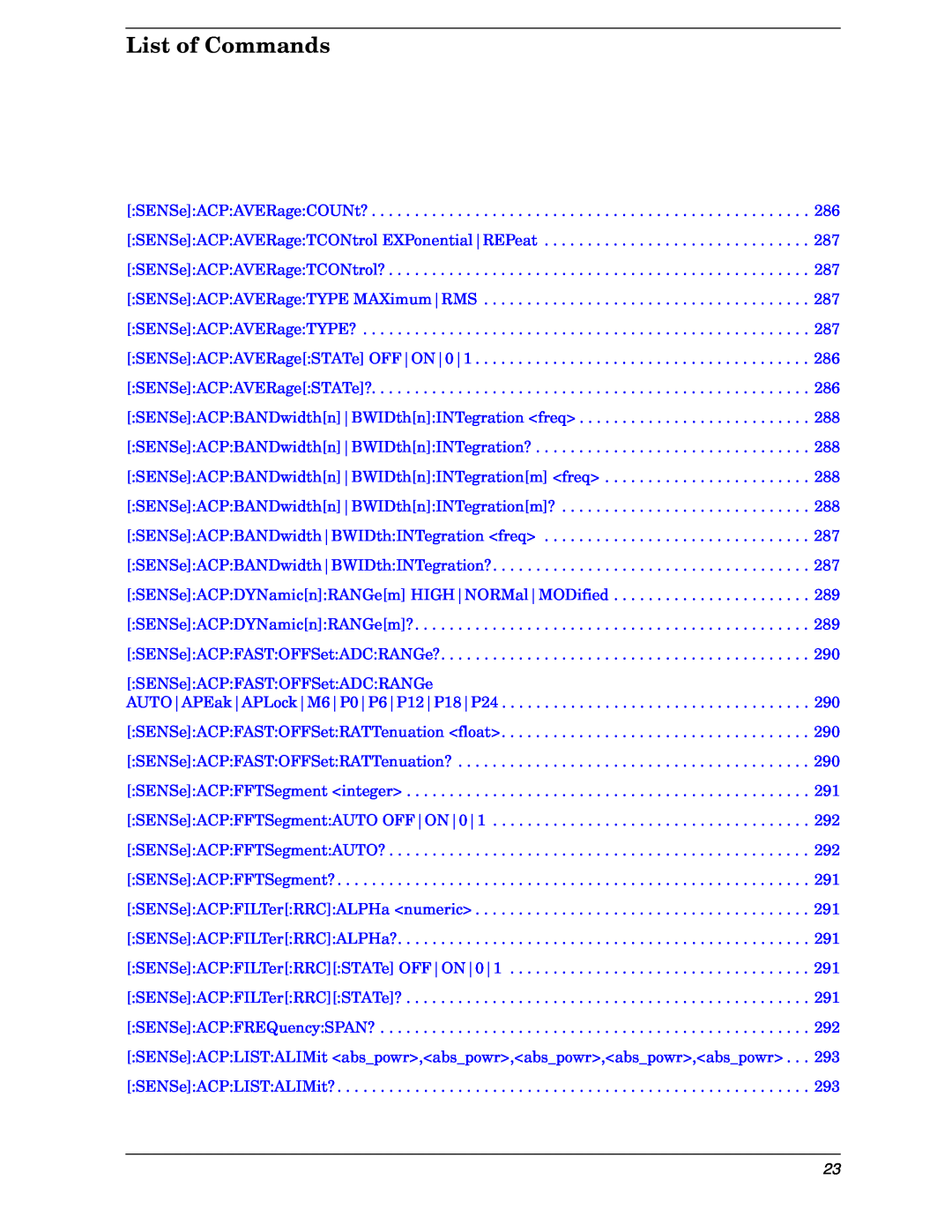 Agilent Technologies E4406A VSA manual List of Commands, SENSe:ACP:FAST:OFFSet:ADC:RANGe 
